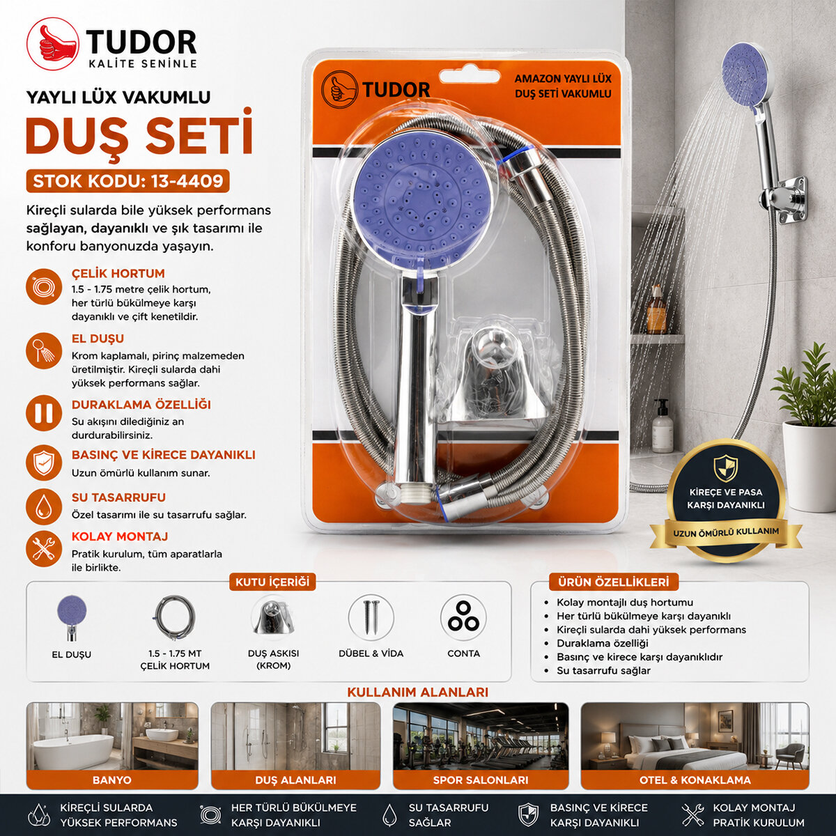VAKUMLU - KROM LÜKS DUŞ SETİ METAL YAYLI HORTUM=150CM MAFSAL