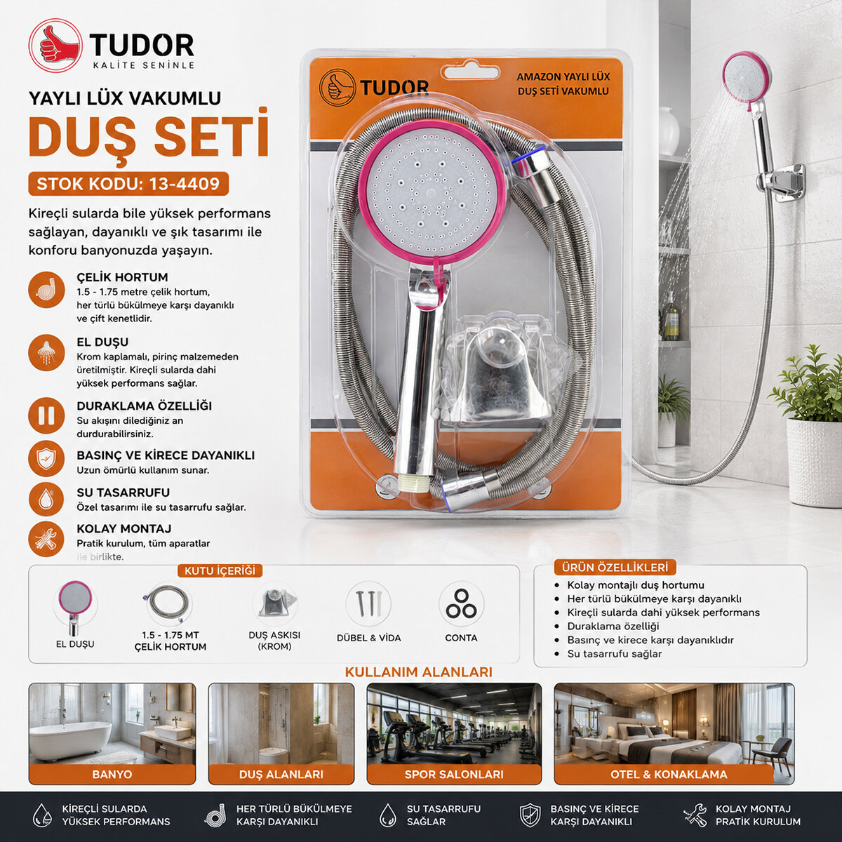VAKUMLU - KROM LÜKS DUŞ SETİ METAL YAYLI HORTUM=150CM MAFSAL