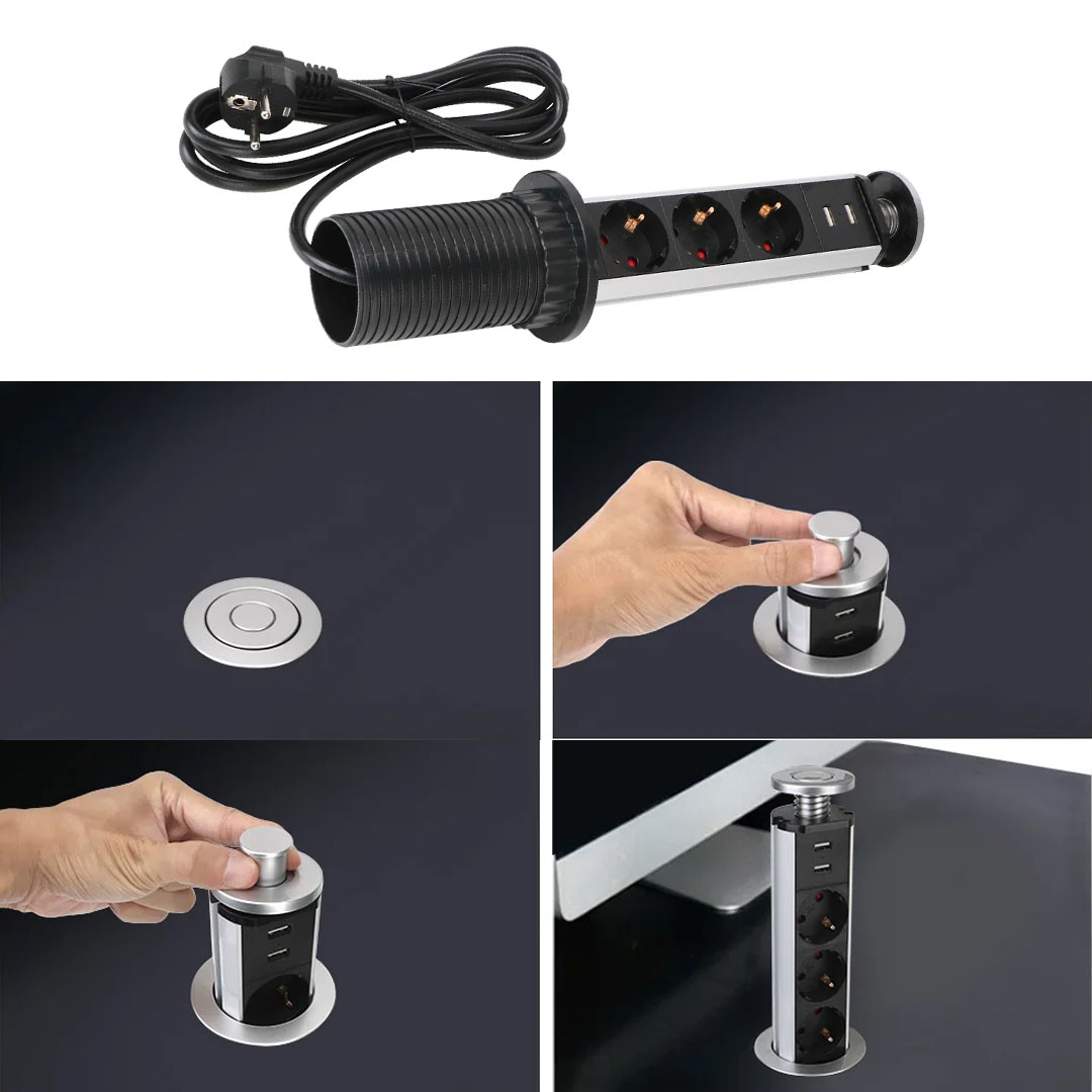 VEA VE-24062 ÜÇLÜ 1.5 METRE KABLOLU İKİ USBLİ 60MM MASAÜSTÜ PRİZ