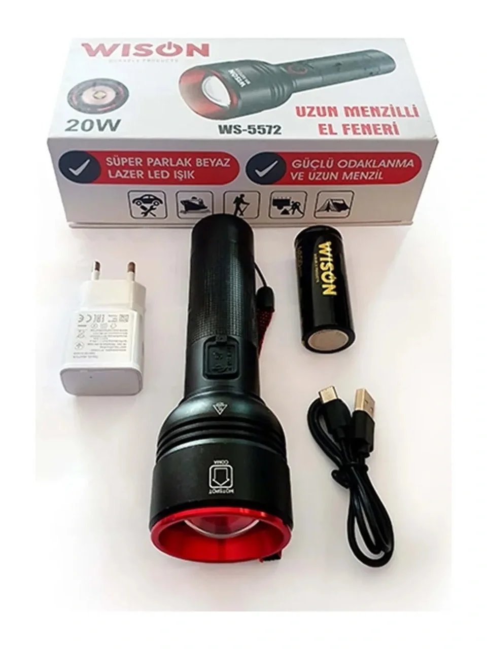 WISON WS-5572 20W Uzun Menzilli Şarjlı Metal El Feneri
