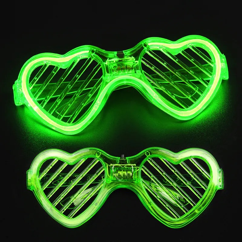 Yeşil LED Işıklı Kalp Gözlük – 3 Modlu Parti - Glow Gözlüğü