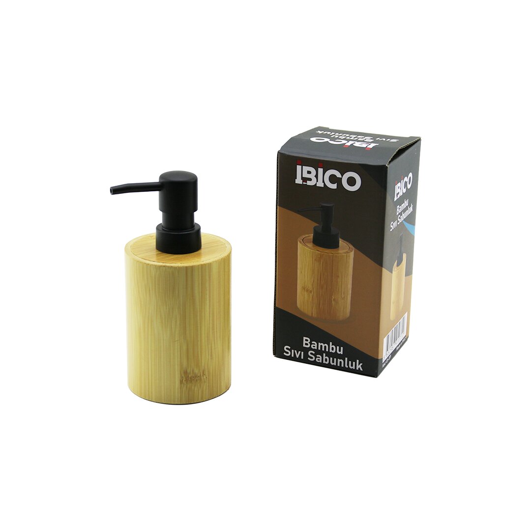 YUVARLAK AHŞAP BAMBU SIVI SABUNLUK SİYAH PLASTİK POMPA  ÇAP: 8CM - Y: 11CM