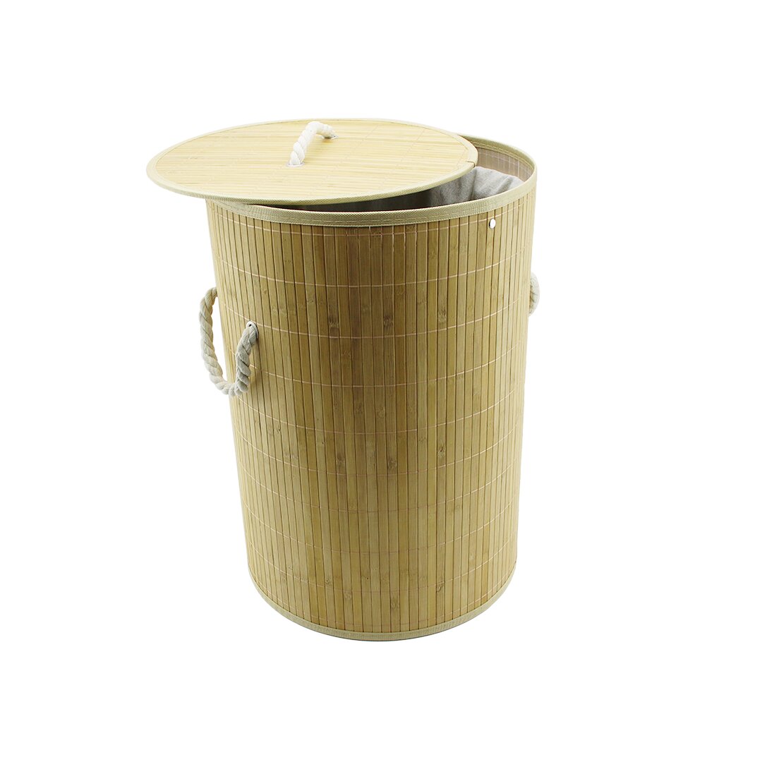 YUVARLAK BAMBU AHŞAP KİRLİ ÇAMAŞIR SEPETİ 35X60CM SEYYAR KAPAKLI İÇİ BEZLİ İP KULPLU