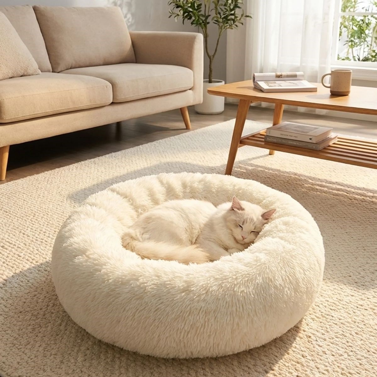 Yuvarlak Ultra Yumuşak Welsoft Peluş Kedi ve Köpek Yatağı – Kaymaz Taban Tüylü Pet Pufu,Uyku Minderi (krem)