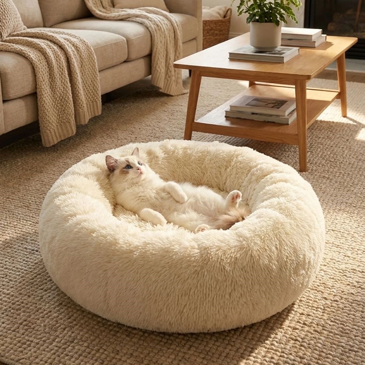 Yuvarlak Ultra Yumuşak Welsoft Peluş Kedi ve Köpek Yatağı – Kaymaz Taban Tüylü Pet Pufu,Uyku Minderi (krem)