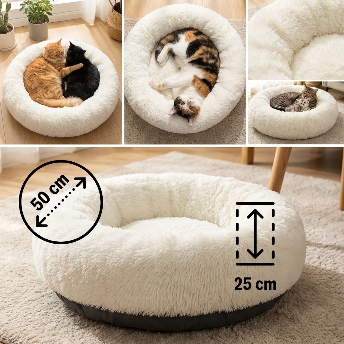 Yuvarlak Ultra Yumuşak Welsoft Peluş Kedi ve Köpek Yatağı – Kaymaz Taban Tüylü Pet Pufu,Uyku Minderi (krem)
