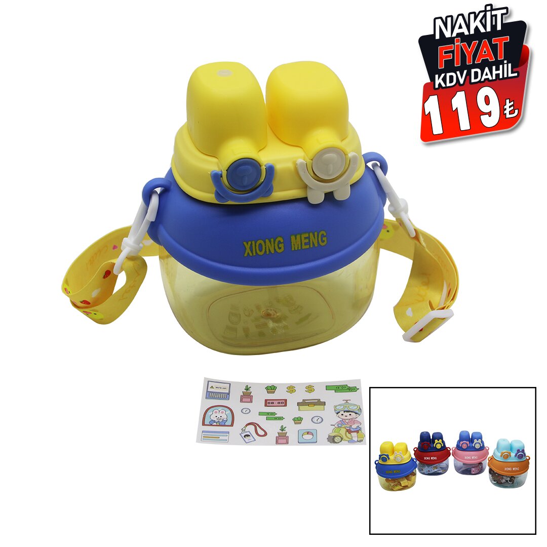 YÜZ MODELİ  - 2 KİLİTLİ KAPAK  RENKLİ MİKA KRİSTAL SULUK MATARA PİPETLİ - NAYLON ÇANTALI - ASKILI 1280ML