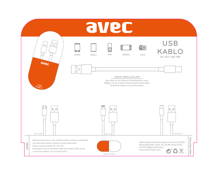 AV-187 Micro USB Kablo