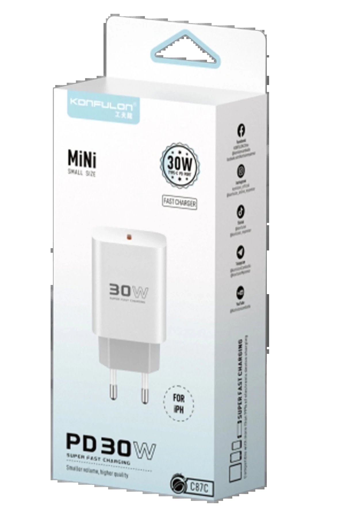 Konfulon C87C 30W Type-C Çıkışlı Ekstra DL50 1M Type-C to Lightning Kablolu PD Şarj Cihazı - Beyaz