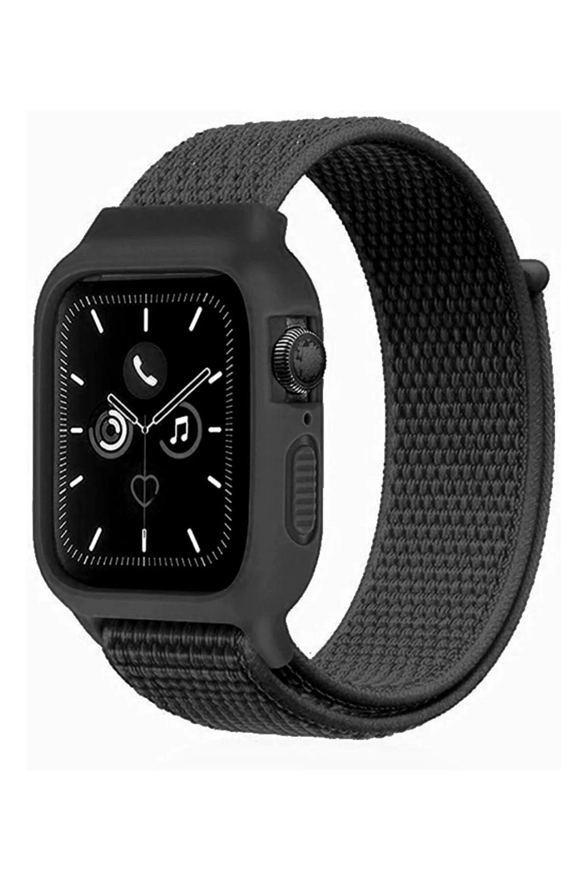 Newface Apple Watch 42mm Hasırlı Cırtcırtlı Kasalı Kordon - Siyah
