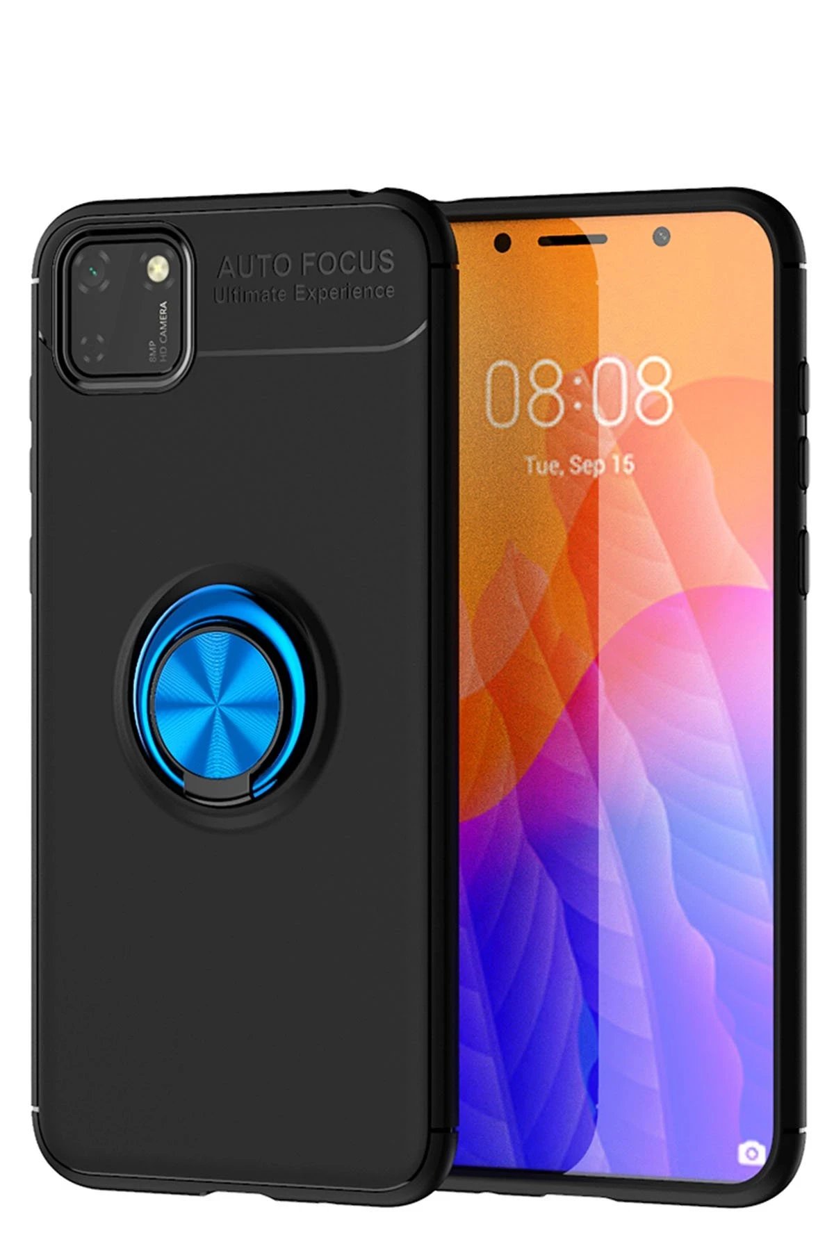 Newface Huawei Y5P Kılıf Range Yüzüklü Silikon - Siyah-Mavi