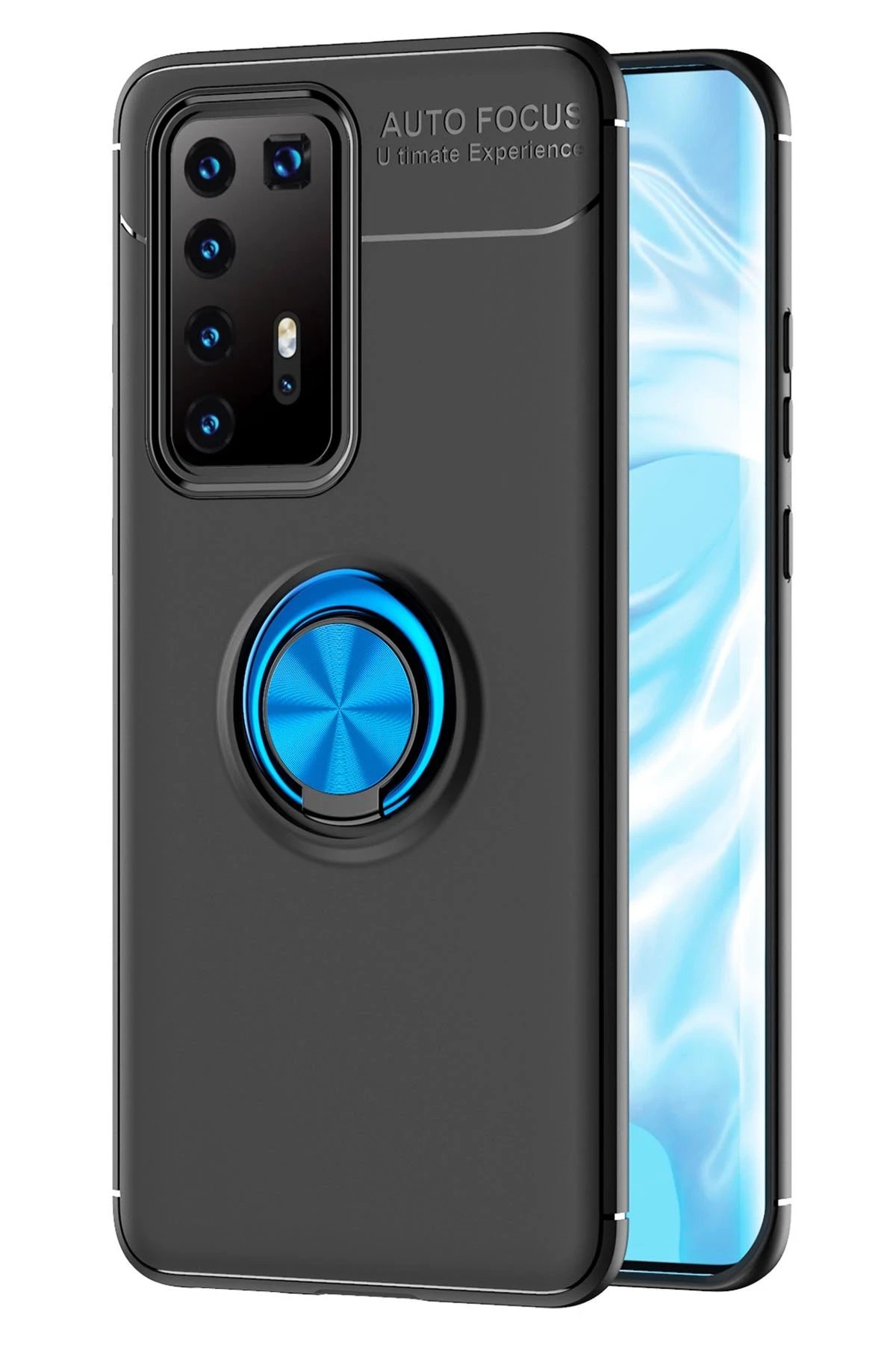 Newface Huawei P40 Pro Kılıf Range Yüzüklü Silikon - Siyah-Mavi