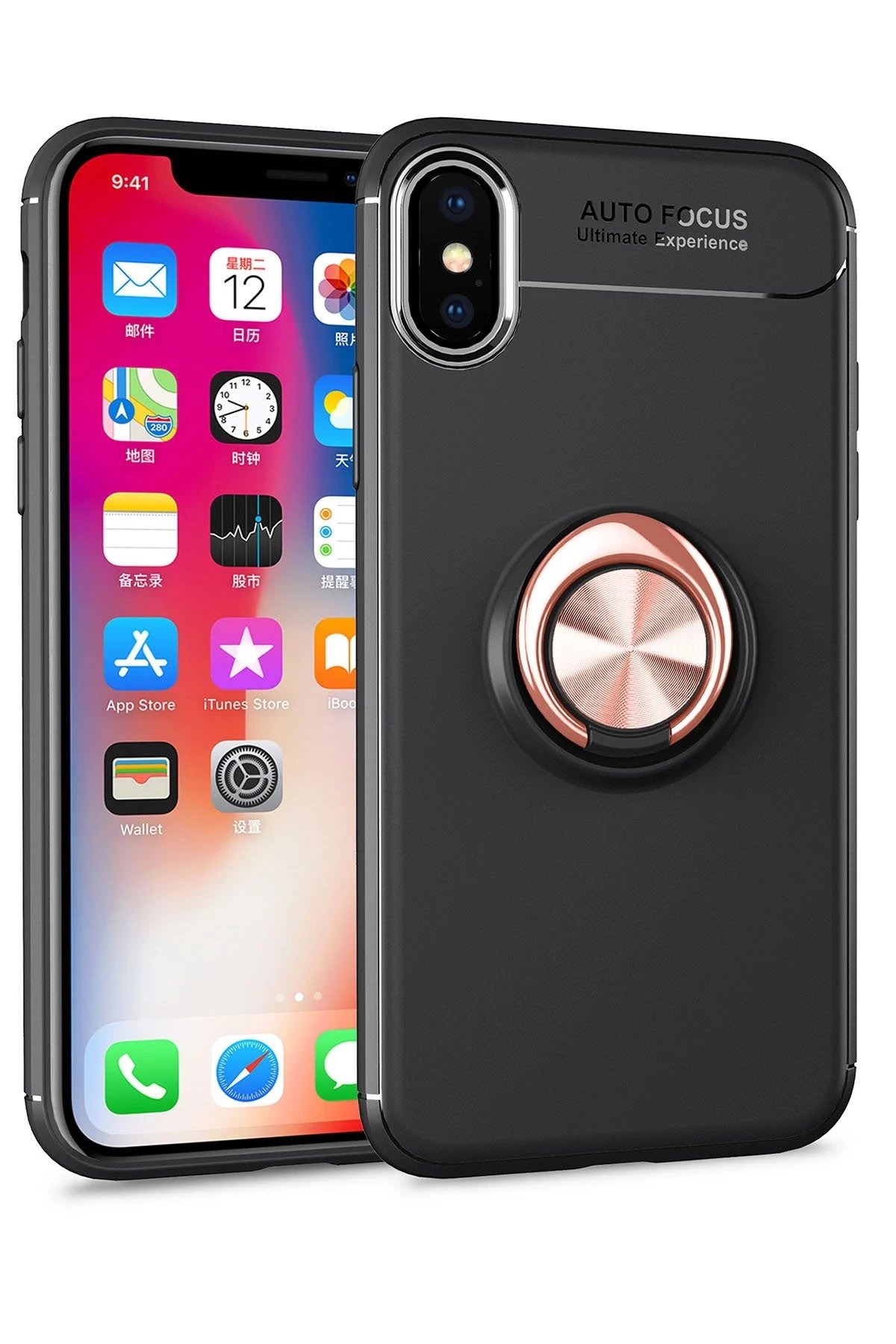 Newface iPhone XS Kılıf Range Yüzüklü Silikon - Siyah-Gold