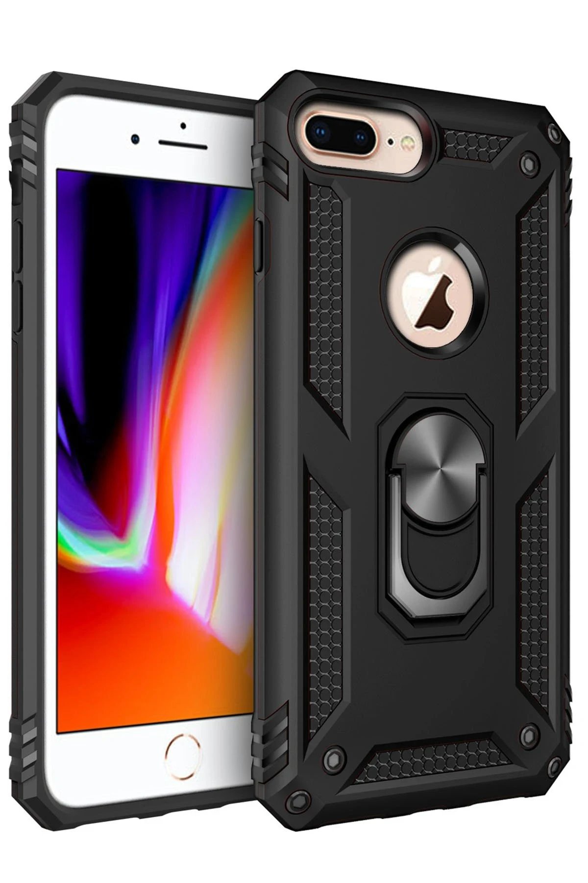 Newface iPhone 7 Plus Kılıf Sofya Yüzüklü Silikon Kapak - Siyah