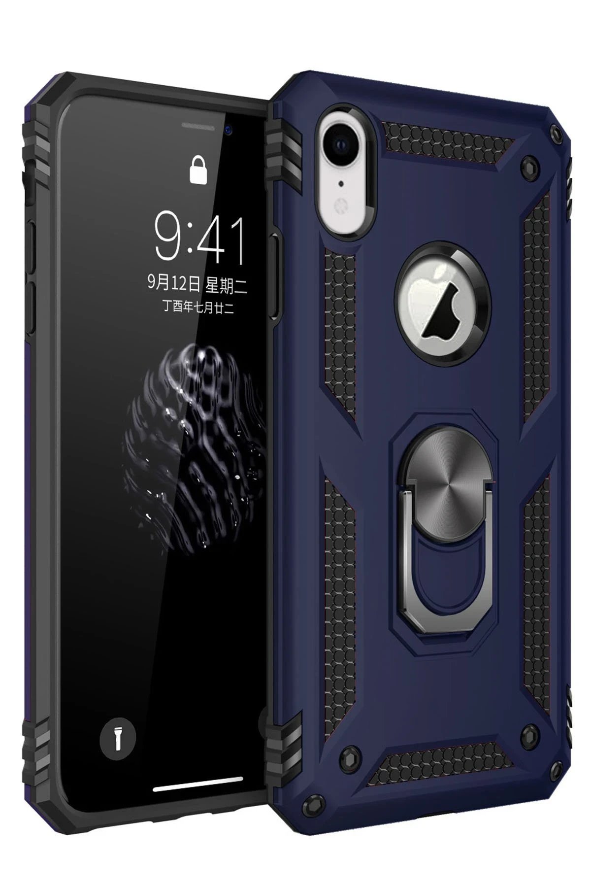 Newface iPhone XR Kılıf Sofya Yüzüklü Silikon Kapak - Lacivert