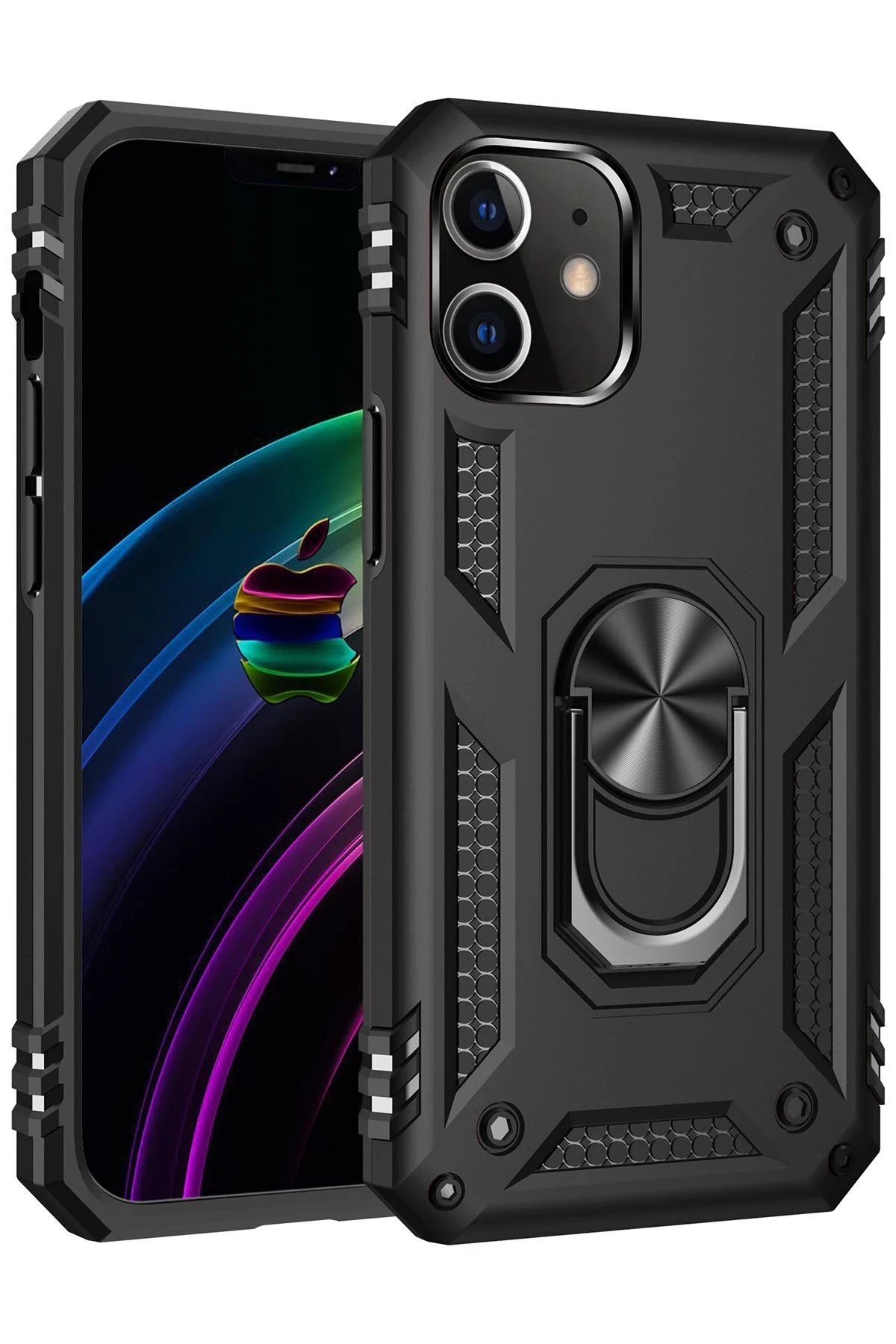 Newface iPhone 12 Mini Kılıf Sofya Yüzüklü Silikon Kapak - Siyah