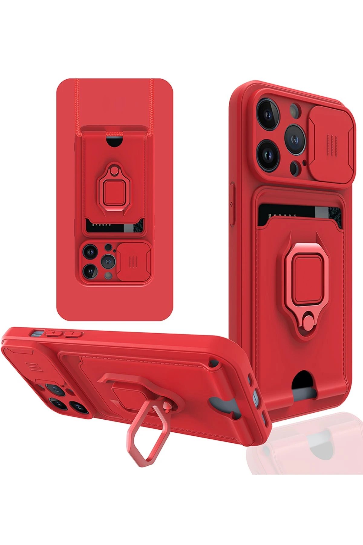 Newface iPhone 14 Pro Kılıf Zuma Kartvizitli Yüzüklü Silikon - Kırmızı