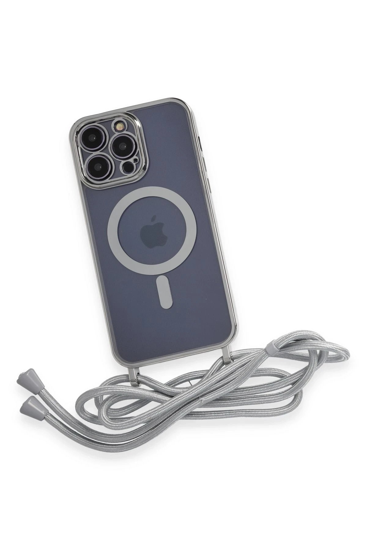 Newface iPhone 12 Pro Max Kılıf Divo Lazer Askılı Magsafe Kapak - Gümüş