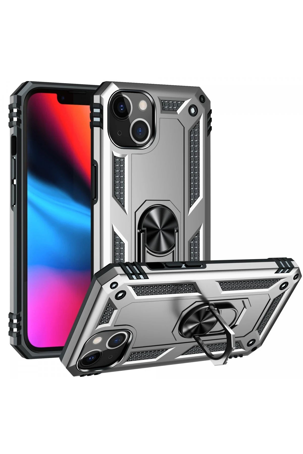 Newface iPhone 14 Plus Kılıf Sofya Yüzüklü Silikon Kapak - Gümüş