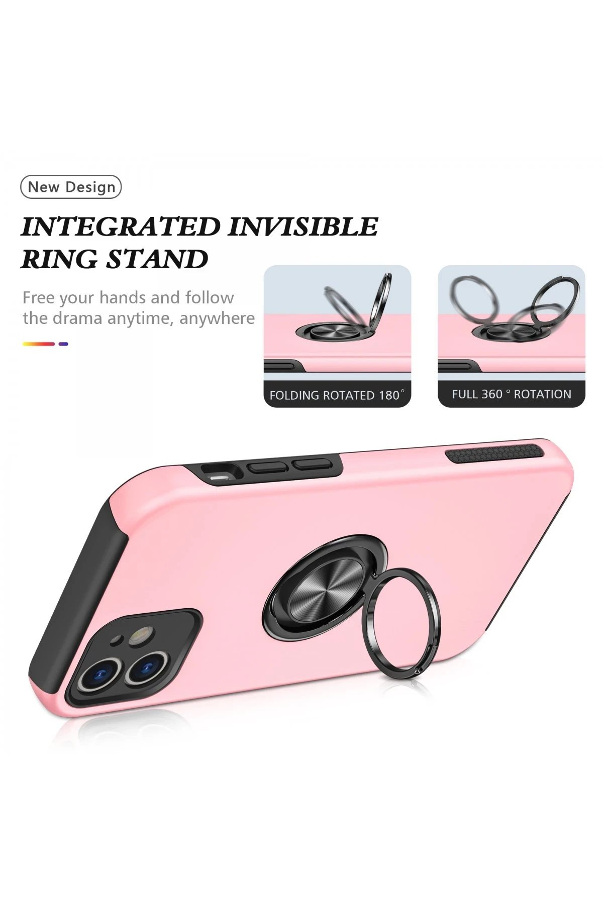 Newface iPhone 12 Kılıf Elit Yüzüklü Kapak - Pembe