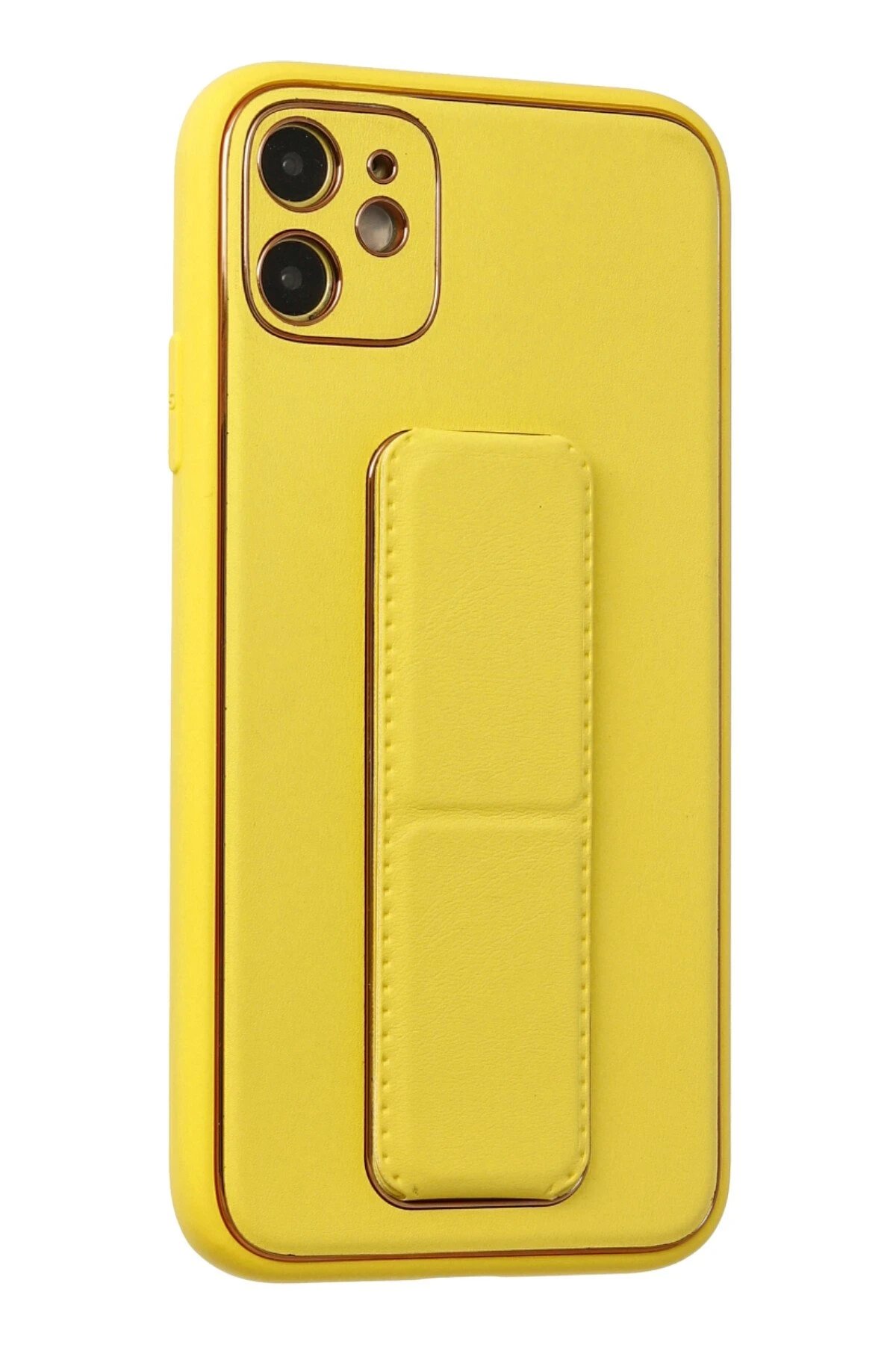 Newface iPhone 12 Kılıf Coco Deri Standlı Kapak - Sarı