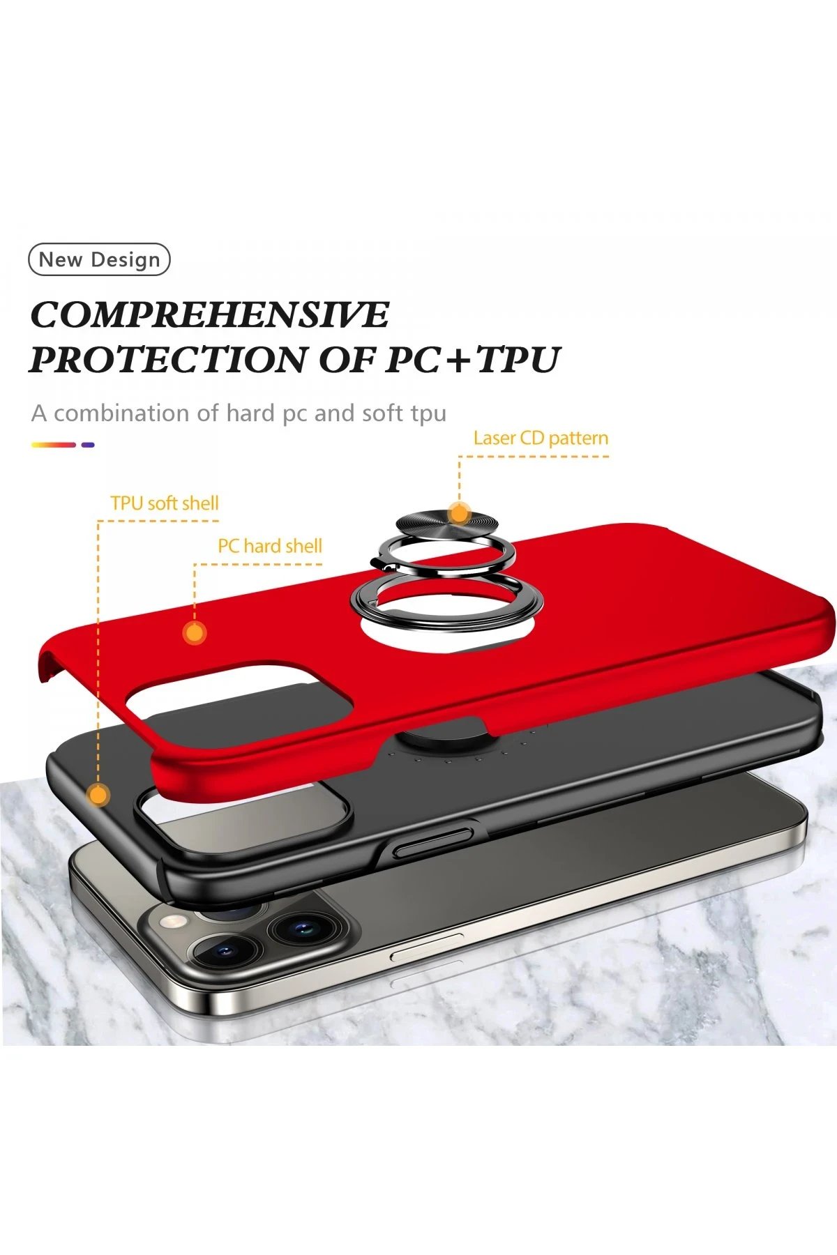 Newface iPhone 13 Pro Kılıf Elit Yüzüklü Kapak - Kırmızı