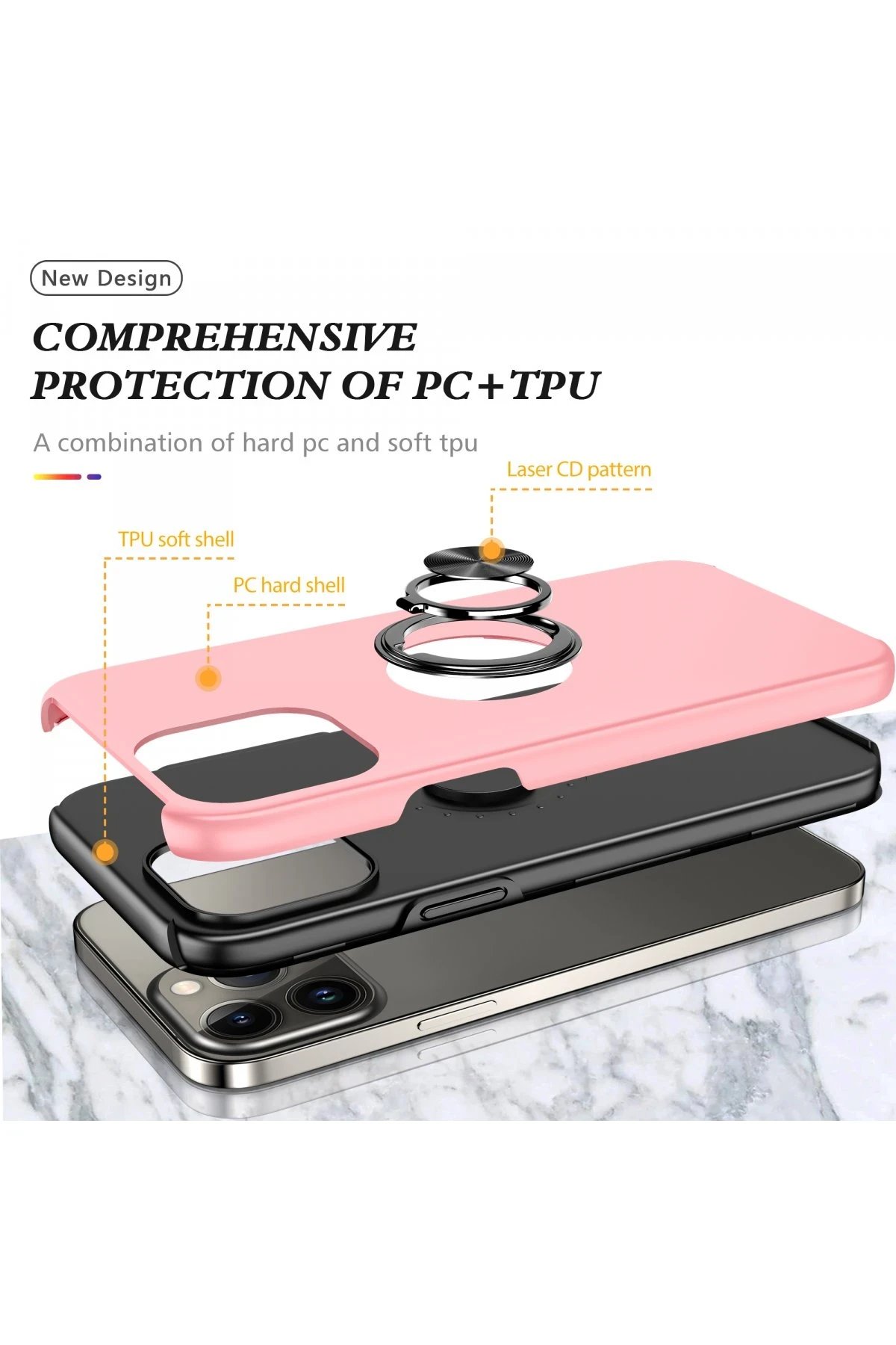 Newface iPhone 13 Pro Max Kılıf Elit Yüzüklü Kapak - Pembe