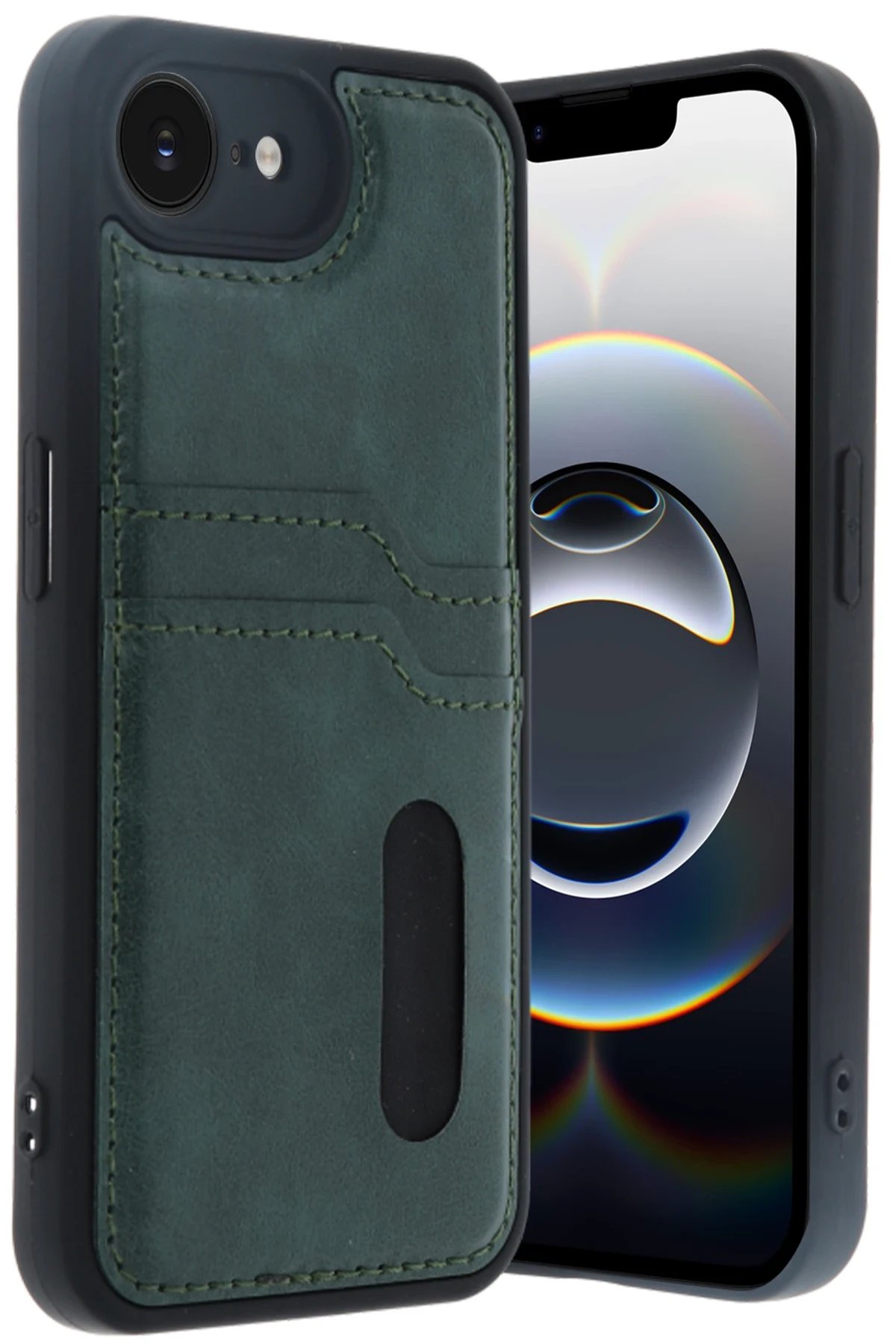 Newface iPhone 16E Kılıf Sara Kartvizitli Deri Kılıf - Koyu Yeşil