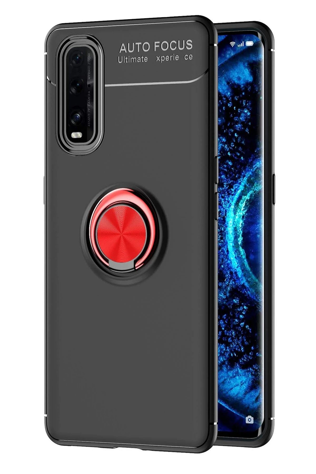 Newface Oppo Find X2 Kılıf Range Yüzüklü Silikon - Siyah-Kırmızı