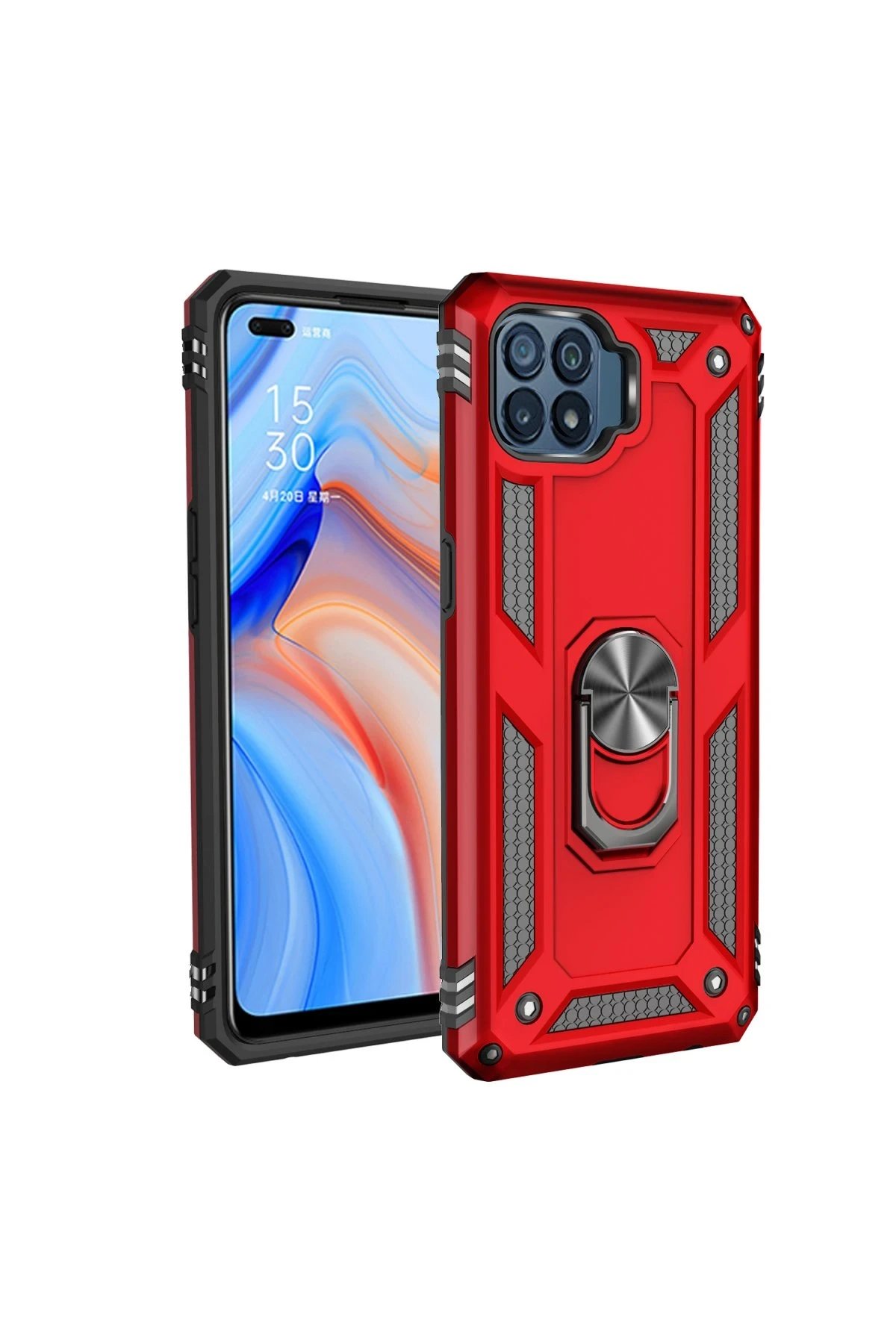 Newface Oppo Reno 4 Lite Kılıf Sofya Yüzüklü Silikon Kapak - Kırmızı