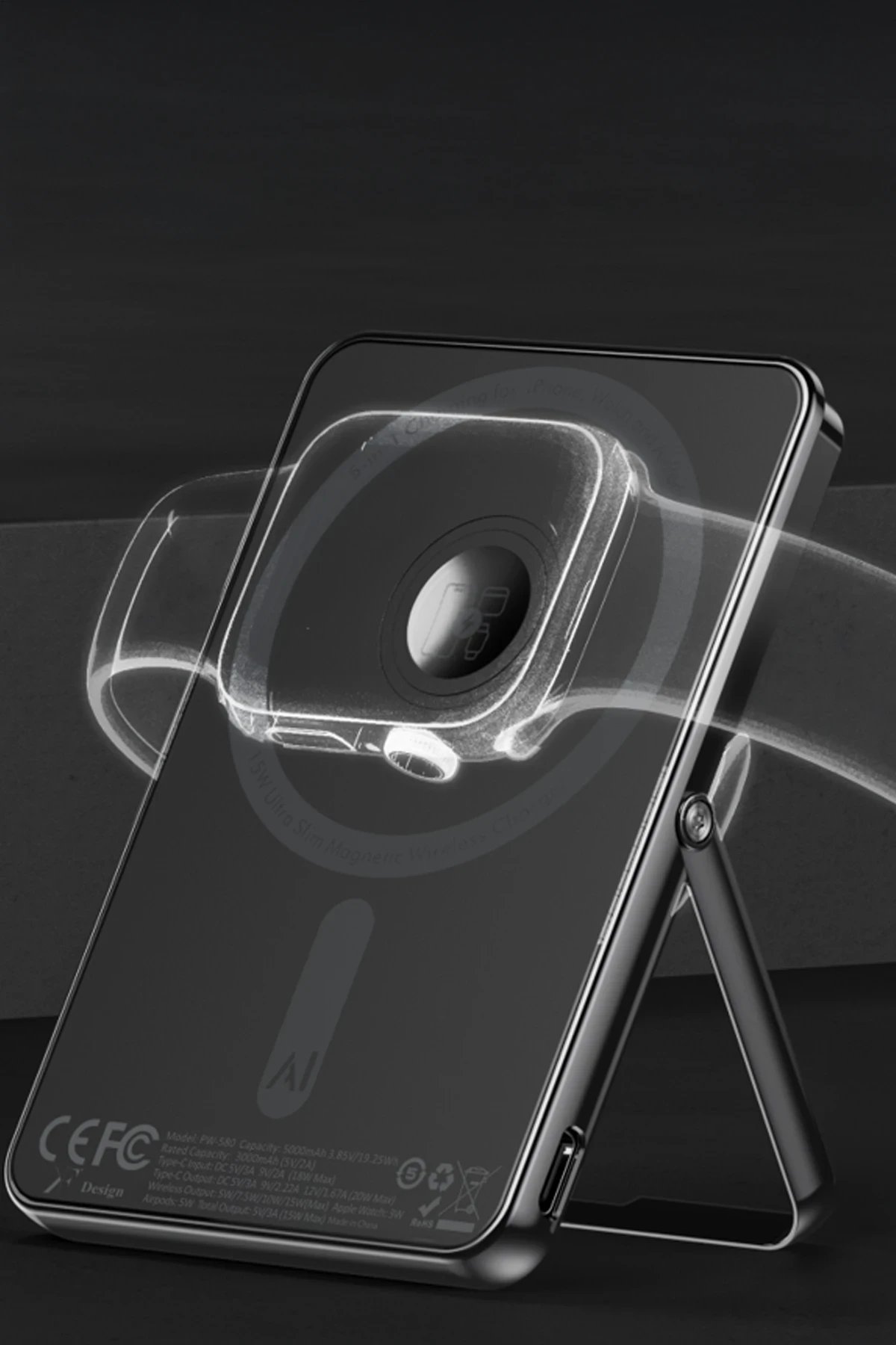 Newface PW580 5.000 mAh 20W Type-C 15W Kablosuz Şarj 3W Saat Şarj ve 5W Kulaklık Şarj Destekli PD Hızlı Şarj Magsafe Powerbank - Siyah