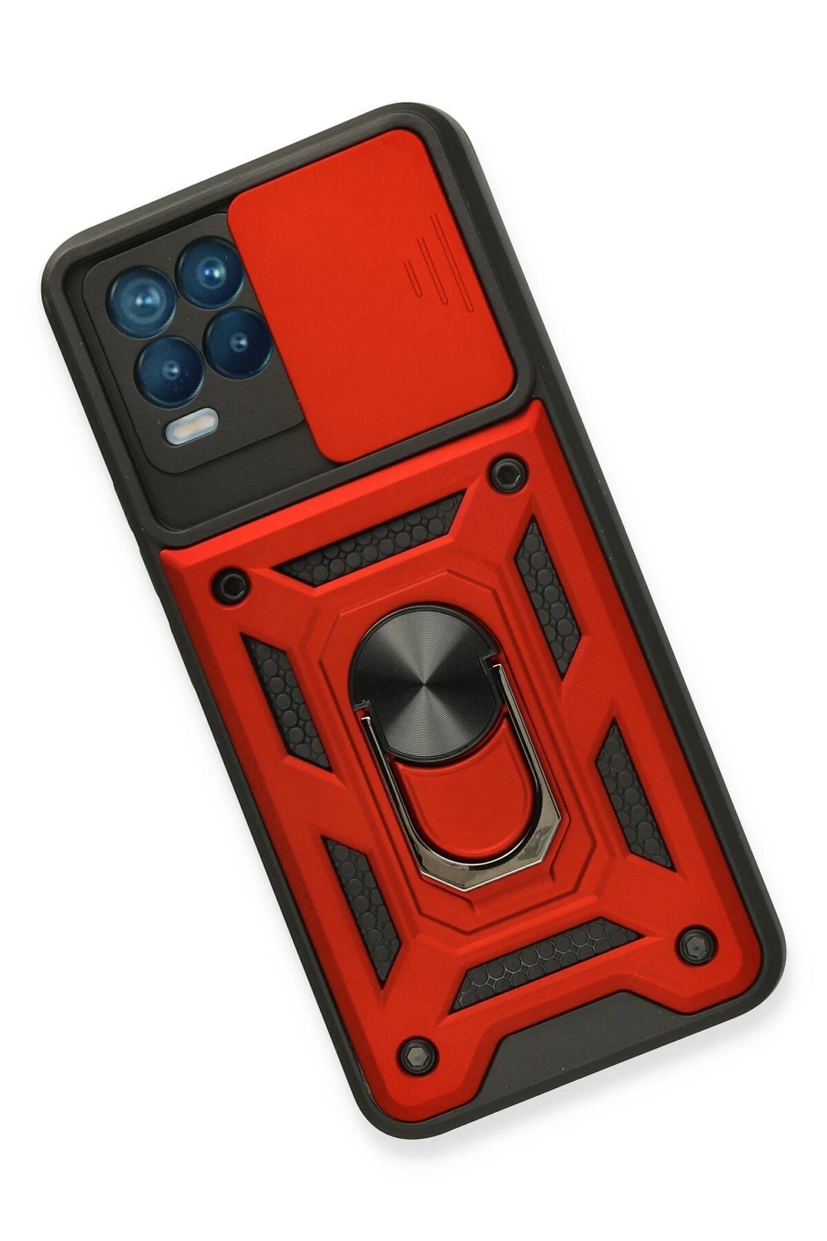 Newface Realme 8 Kılıf Pars Lens Yüzüklü Silikon - Kırmızı