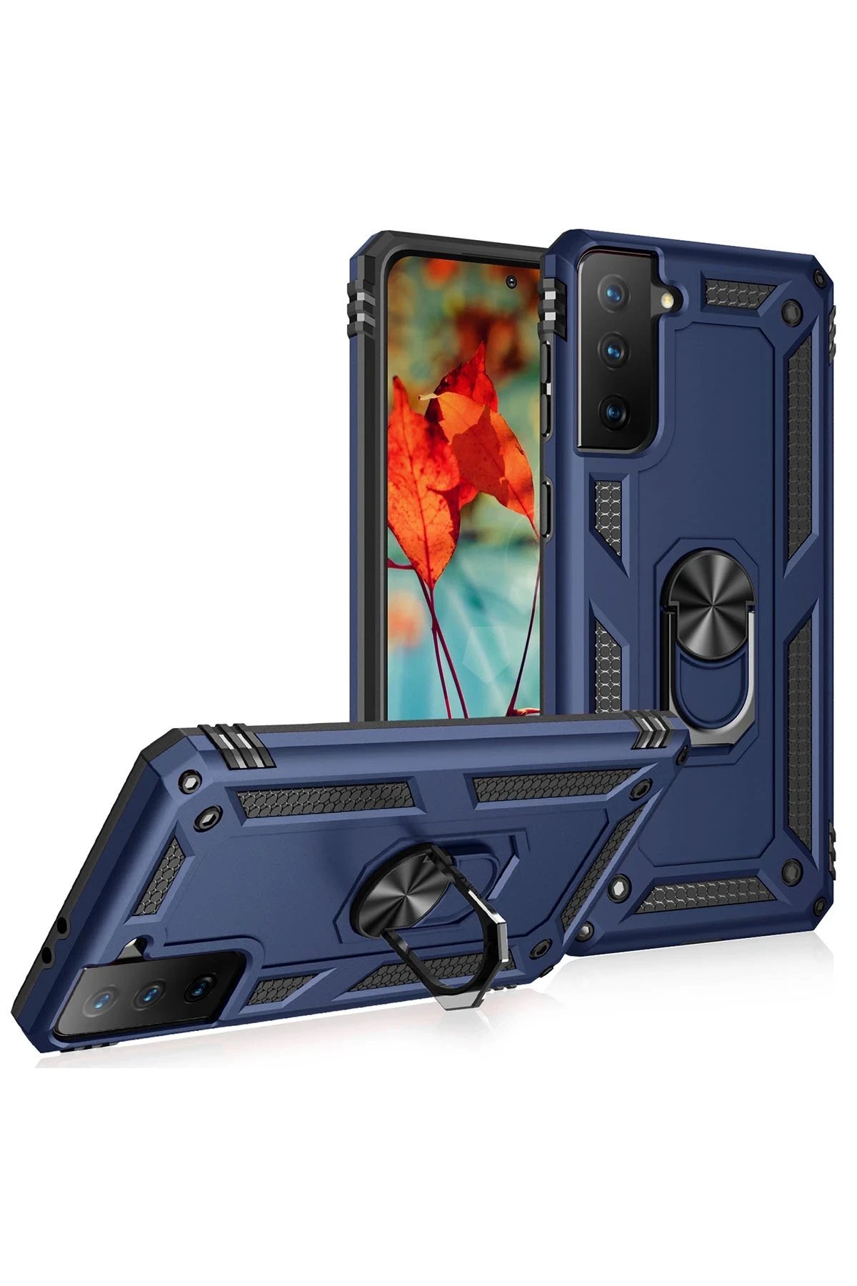 Newface Samsung Galaxy S21 Kılıf Sofya Yüzüklü Silikon Kapak - Lacivert