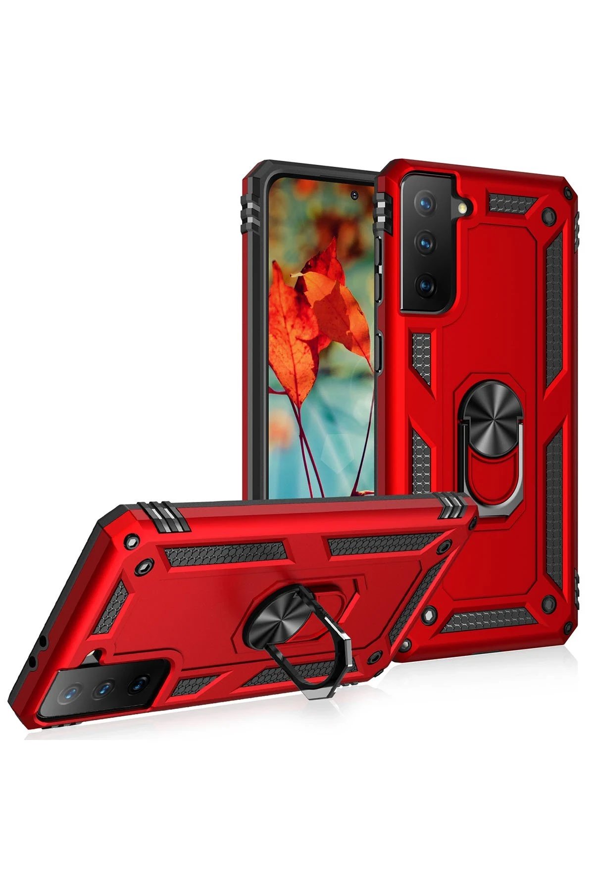 Newface Samsung Galaxy S21 Kılıf Sofya Yüzüklü Silikon Kapak - Kırmızı