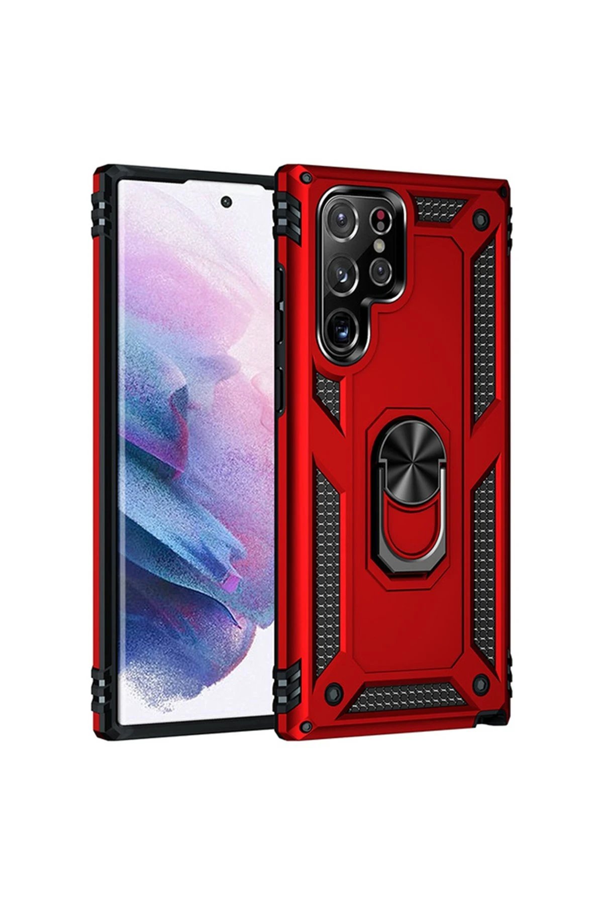 Newface Samsung Galaxy S21 Ultra Kılıf Sofya Yüzüklü Silikon Kapak - Kırmızı