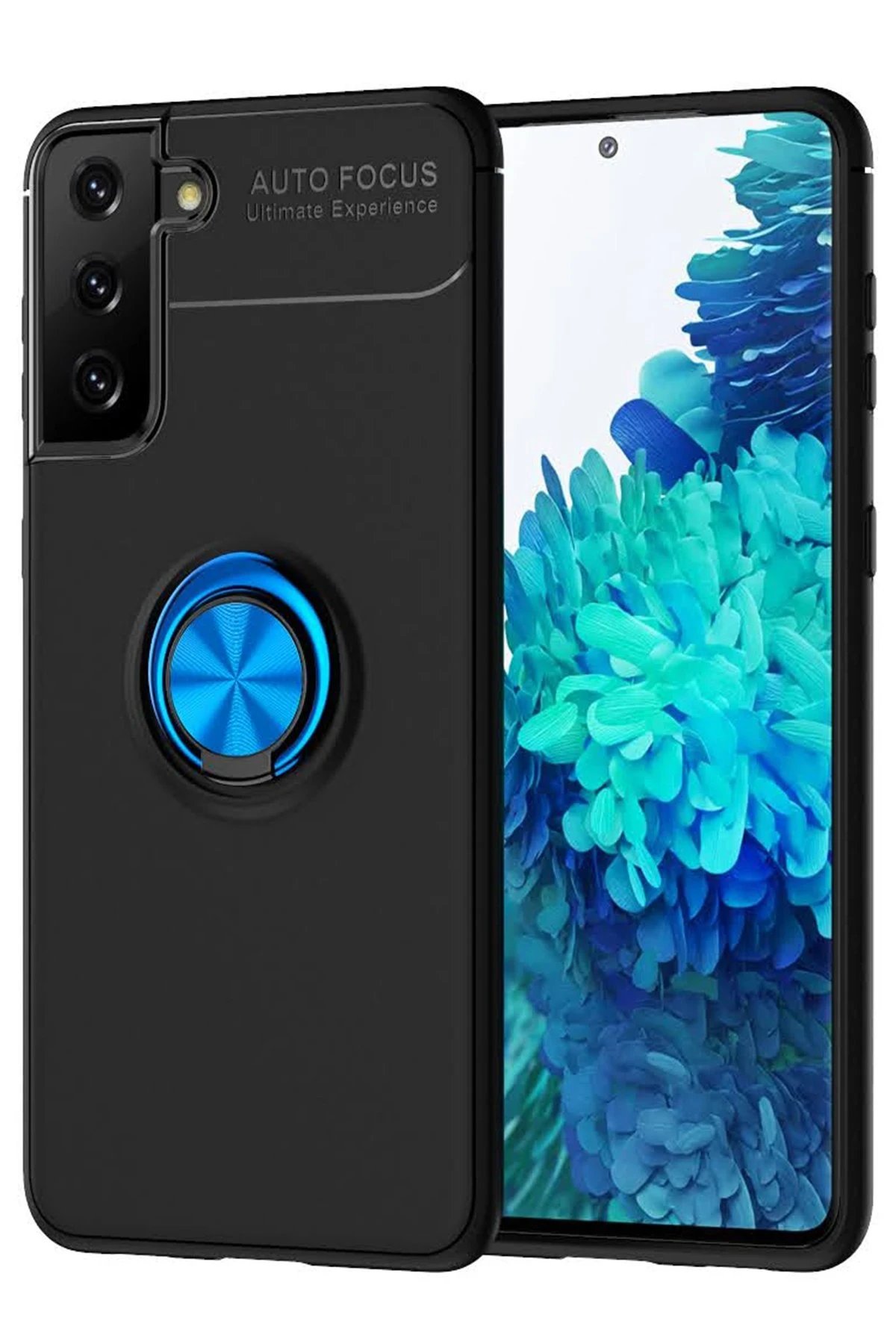 Newface Samsung Galaxy S21 Plus Kılıf Range Yüzüklü Silikon - Siyah-Mavi