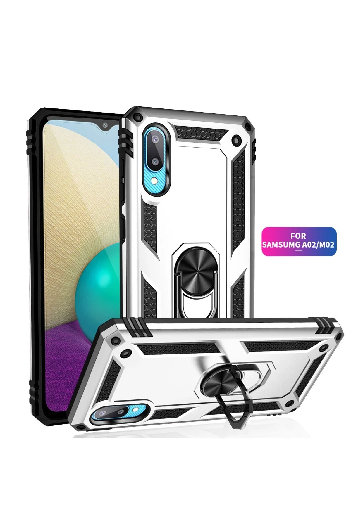 Newface Samsung Galaxy A02 Kılıf Sofya Yüzüklü Silikon Kapak - Gümüş