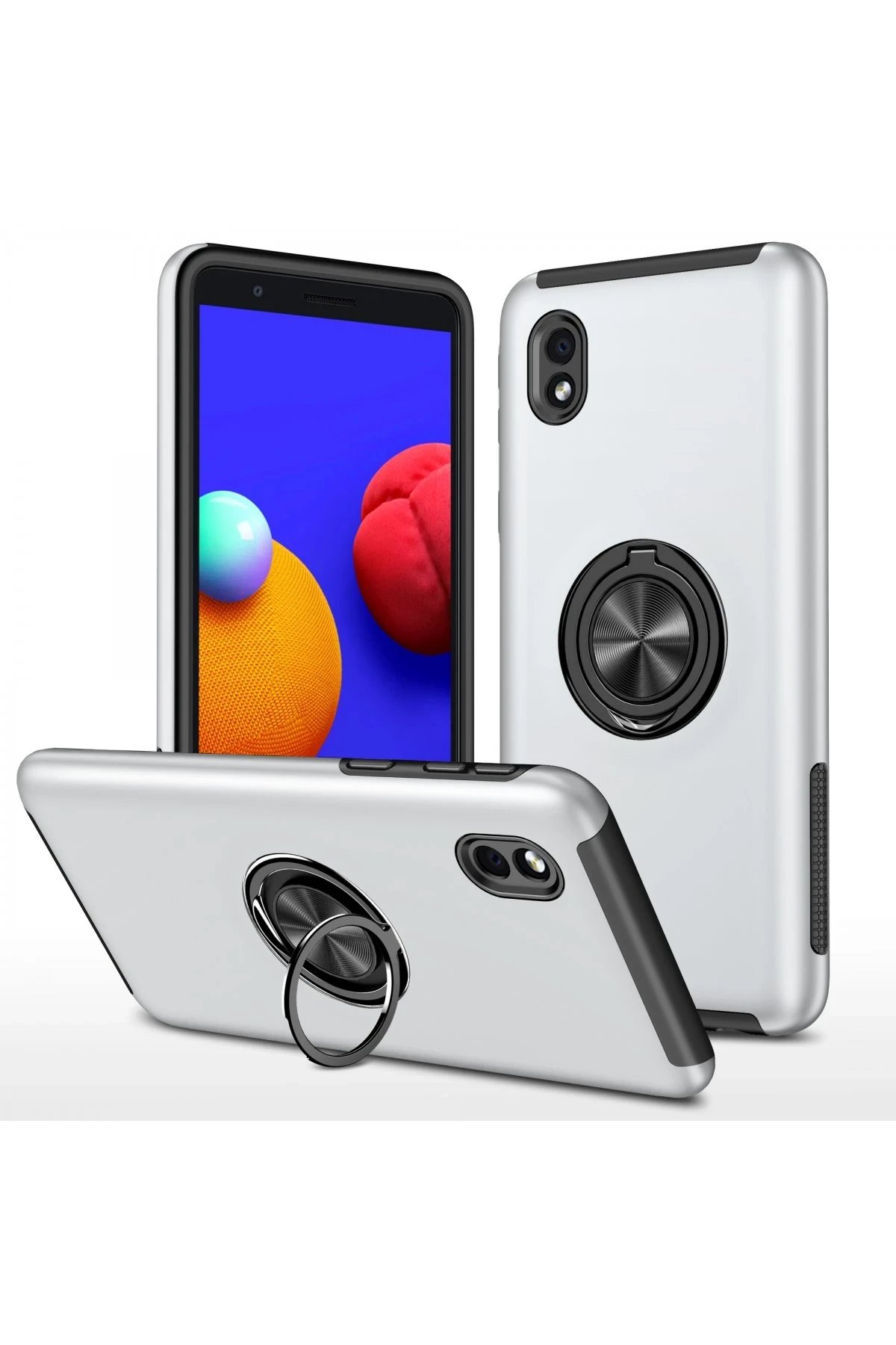 Newface Samsung Galaxy A01 Core Kılıf Elit Yüzüklü Kapak - Gümüş