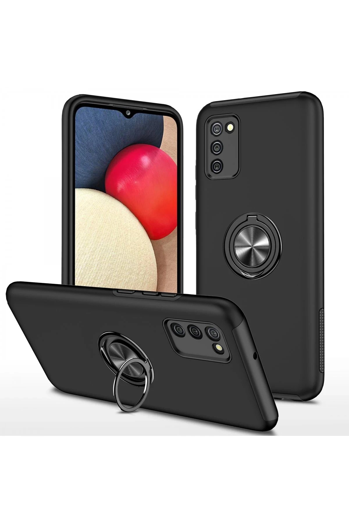 Newface Samsung Galaxy A02S Kılıf Elit Yüzüklü Kapak - Siyah