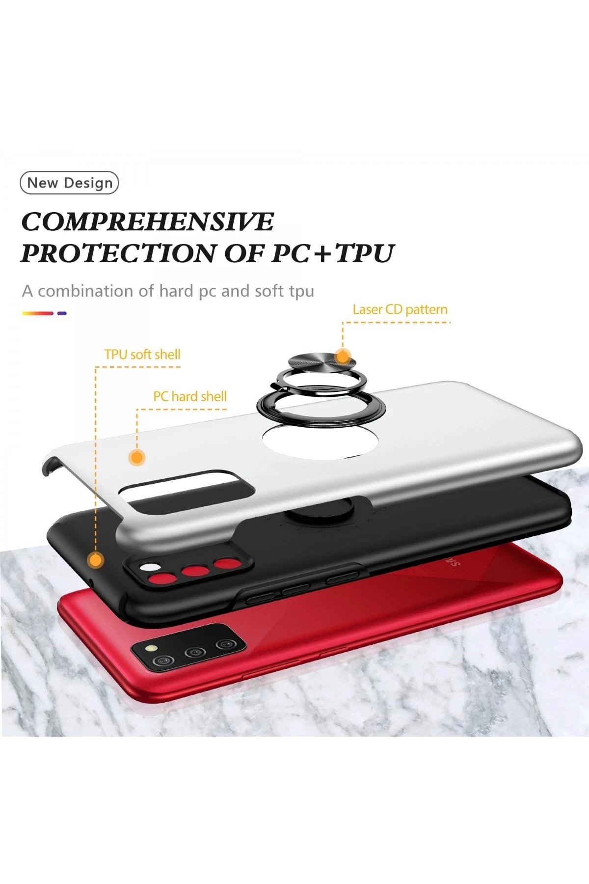 Newface Samsung Galaxy A02S Kılıf Elit Yüzüklü Kapak - Gümüş