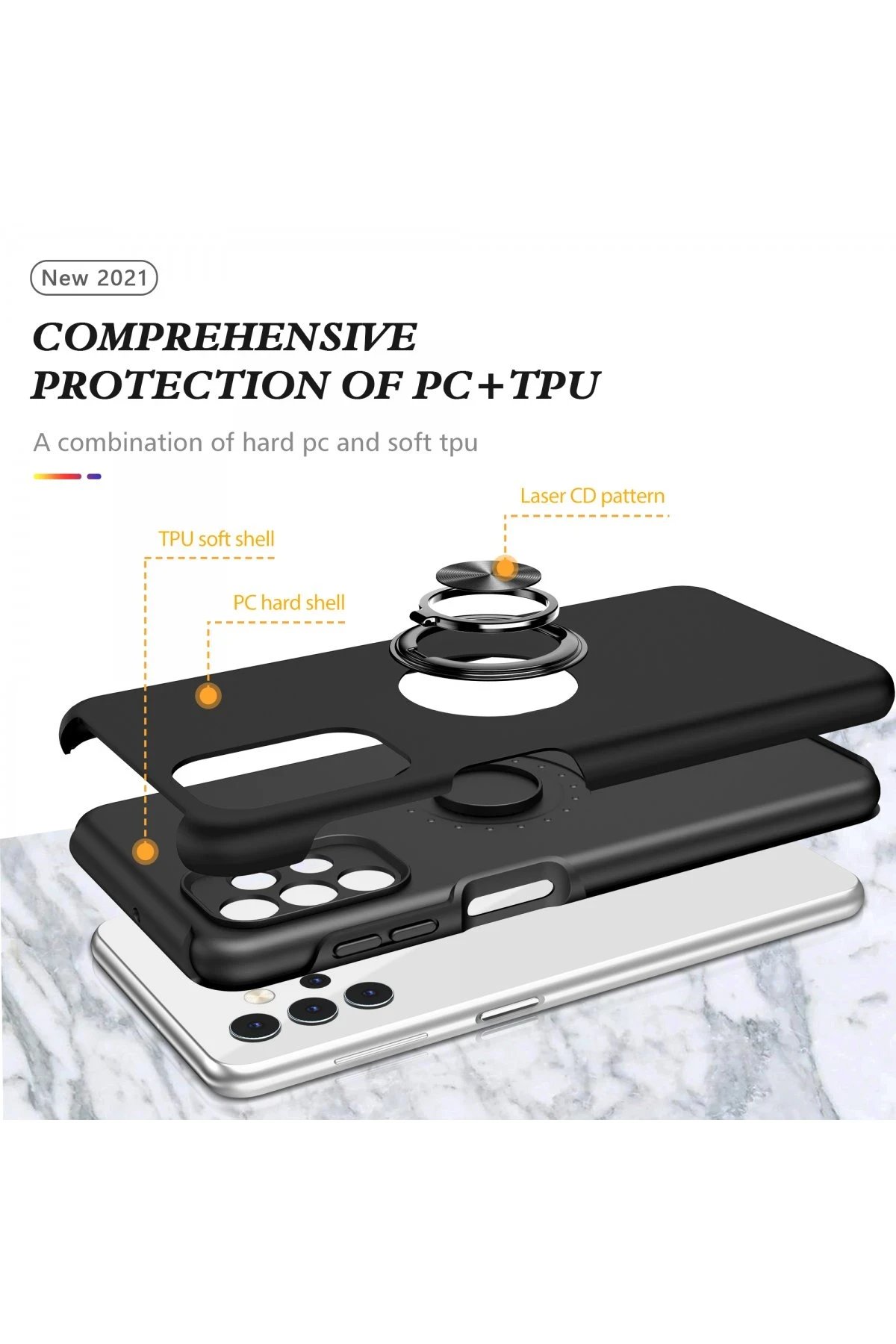 Newface Samsung Galaxy A72 Kılıf Elit Yüzüklü Kapak - Siyah