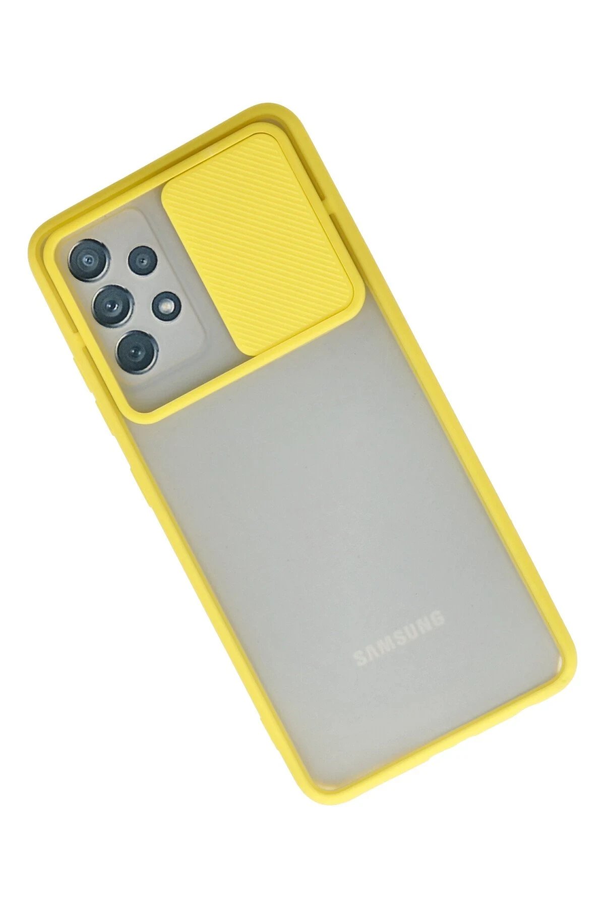 Newface Samsung Galaxy A72 Kılıf Palm Buzlu Kamera Sürgülü Silikon - Sarı