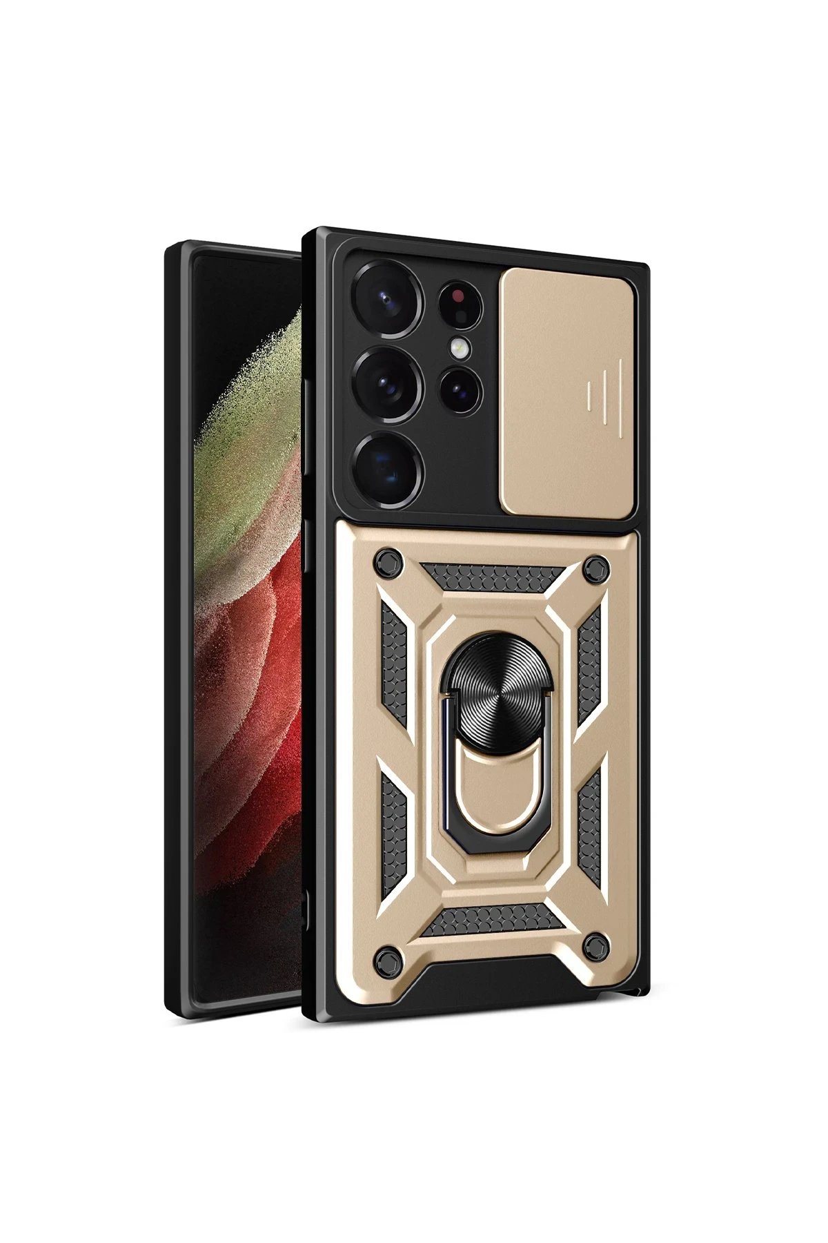 Newface Samsung Galaxy S23 Ultra Kılıf Pars Lens Yüzüklü Silikon - Gold