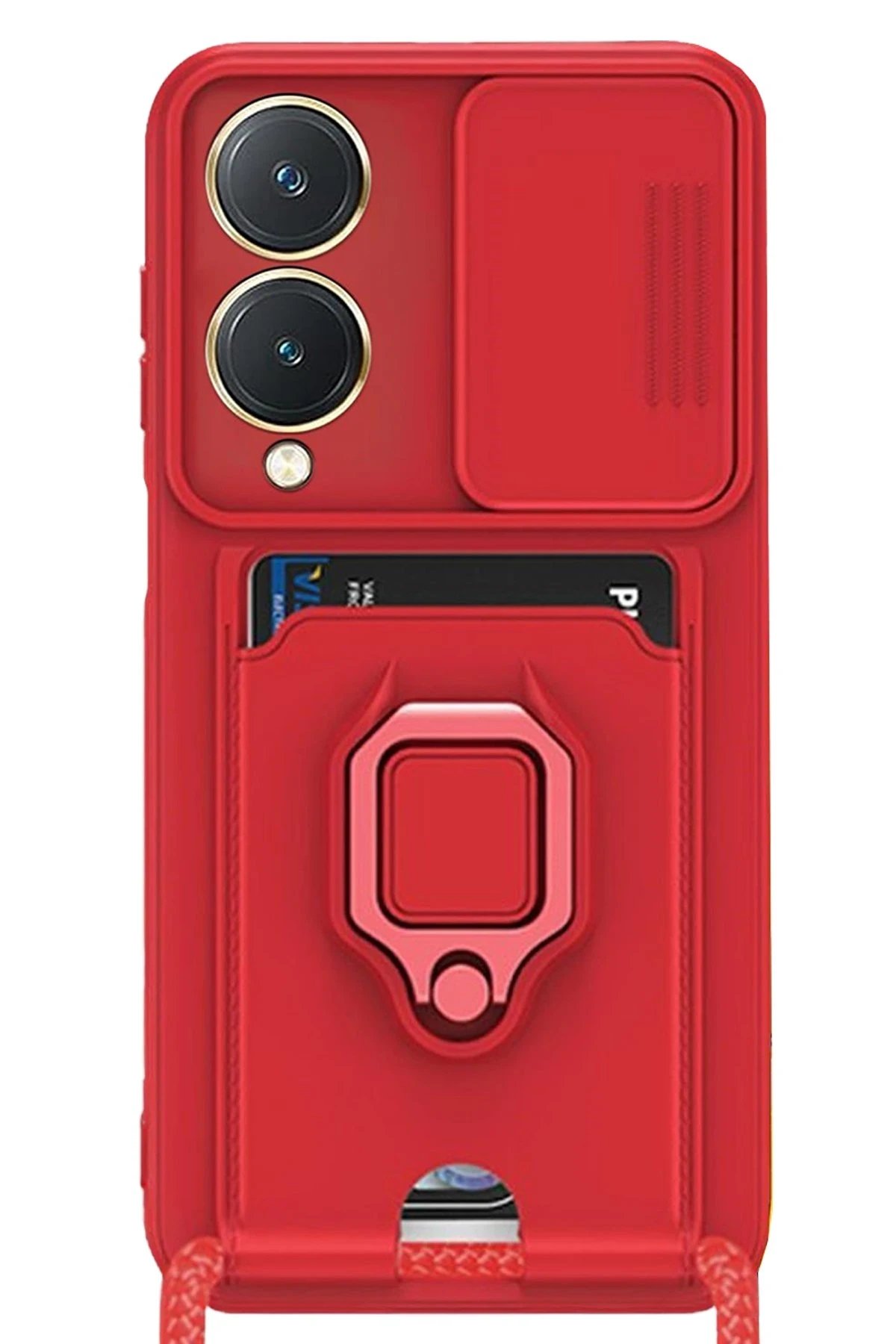 Newface Vivo Y17S Kılıf Zuma Kartvizitli Yüzüklü Silikon - Kırmızı