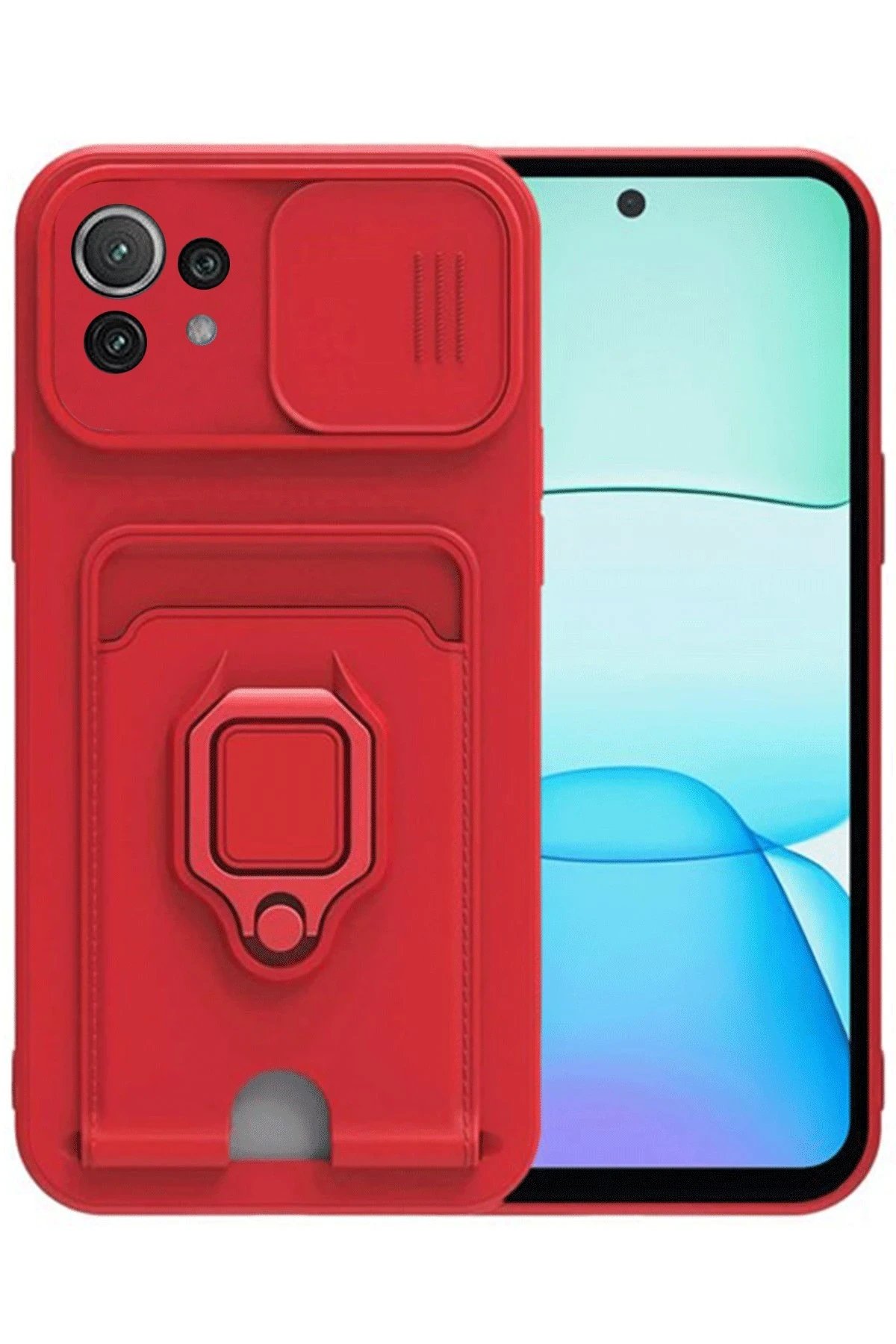 Newface Xiaomi Mİ 11 Lite Kılıf Zuma Kartvizitli Yüzüklü Silikon - Kırmızı