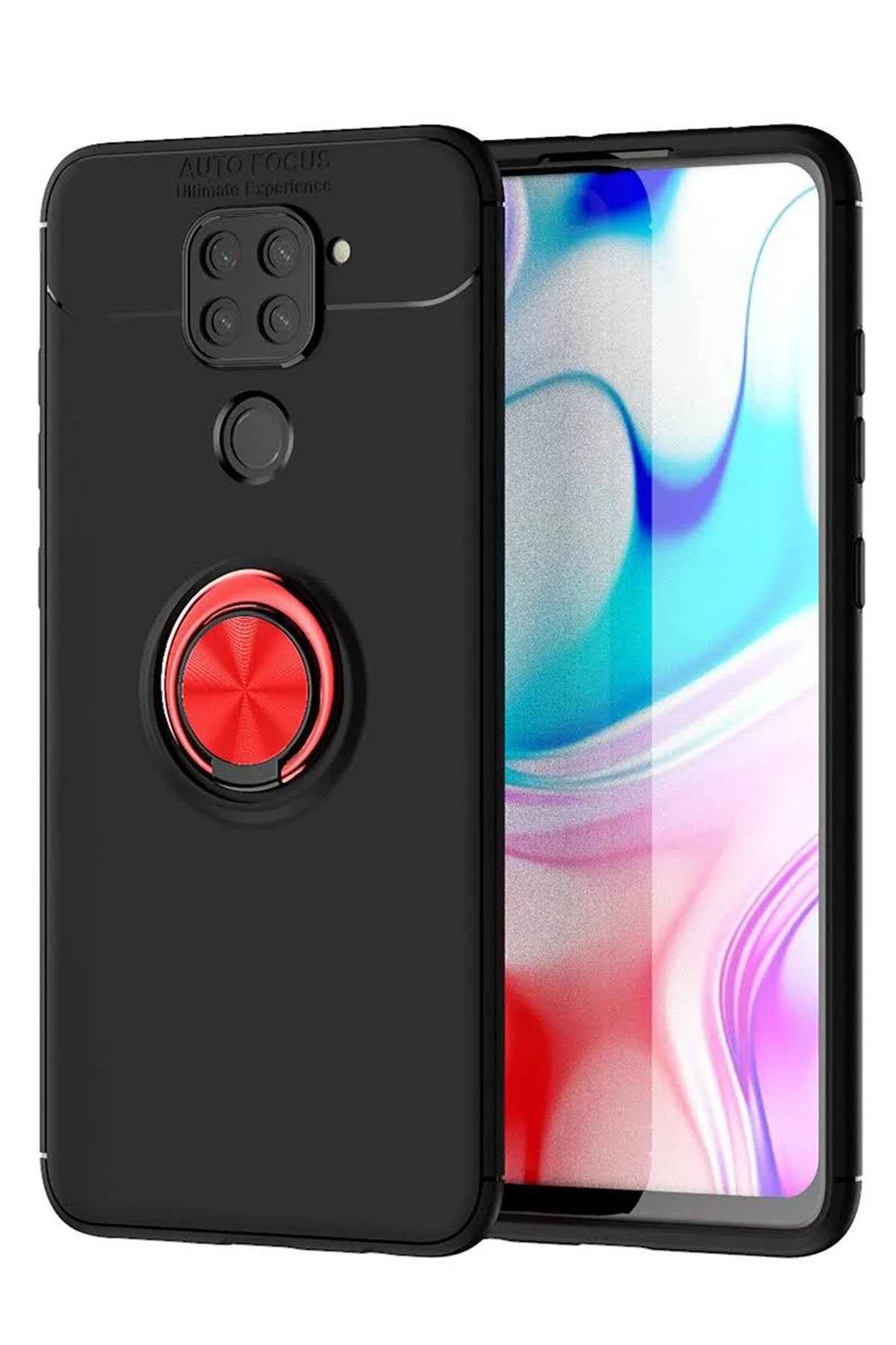 Newface Xiaomi Redmi Note 9 Kılıf Range Yüzüklü Silikon - Siyah-Kırmızı