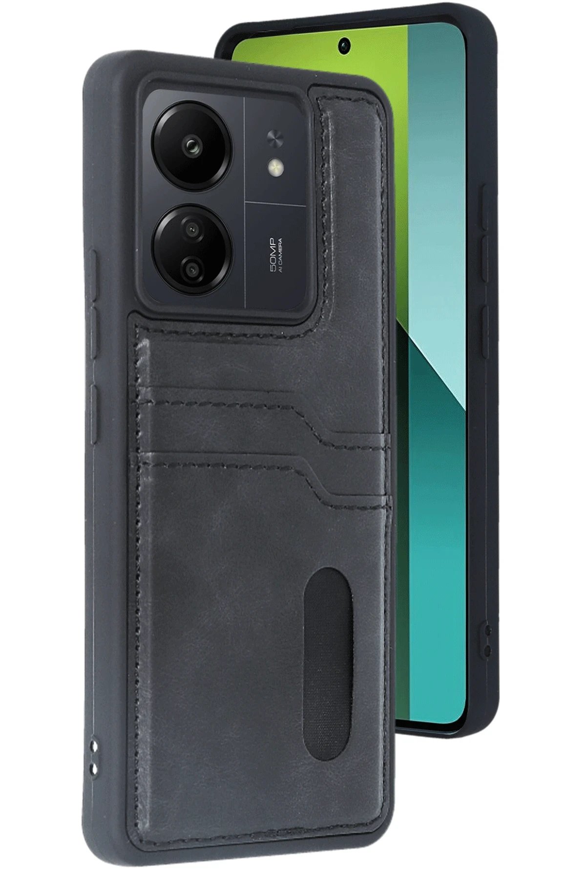 Newface Xiaomi Redmi 13C Kılıf Sara Kartvizitli Deri Kılıf - Siyah