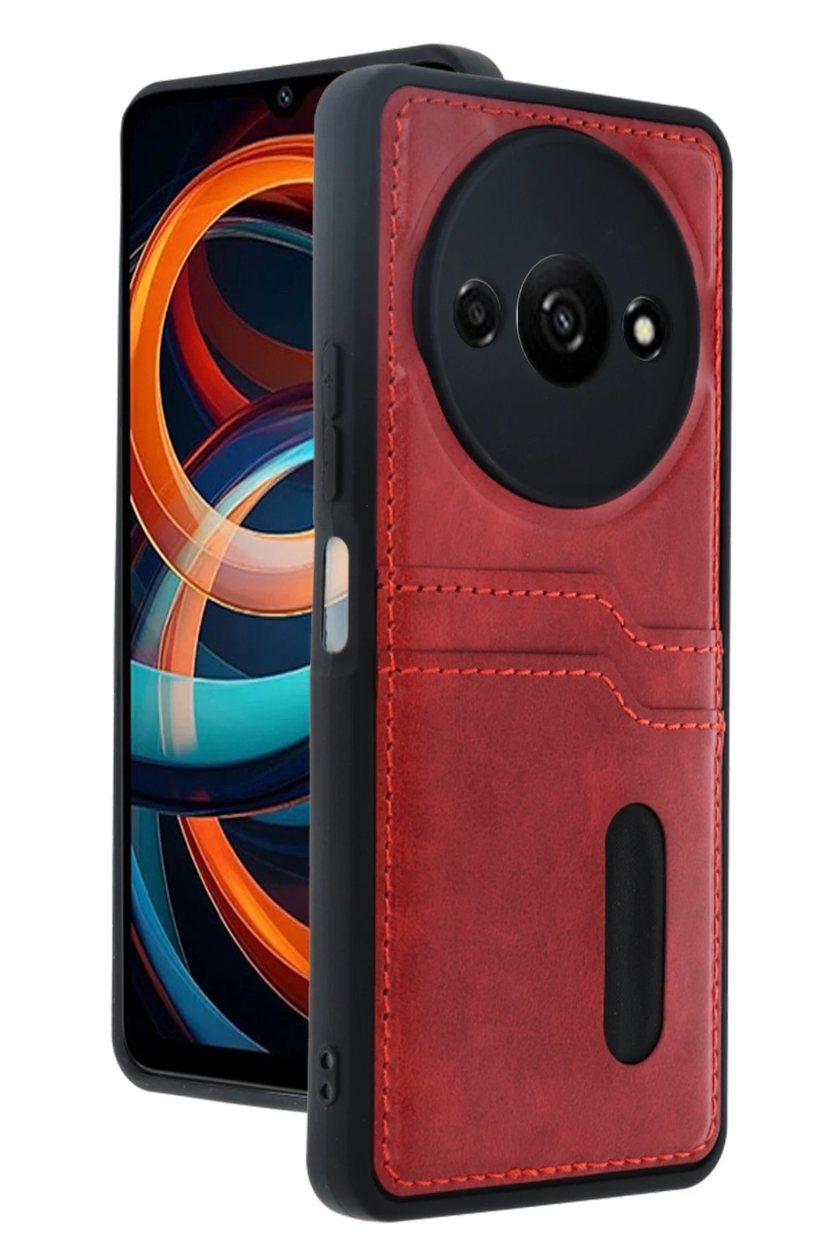 Newface Xiaomi Redmi A3 4G Kılıf Sara Kartvizitli Deri Kılıf - Kırmızı