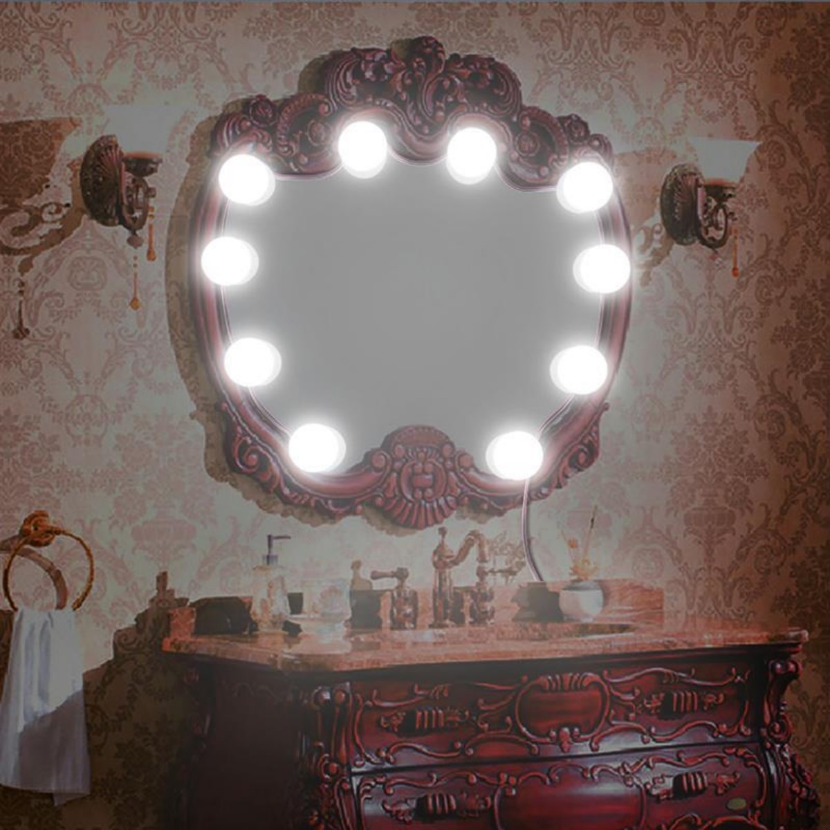 Nostalji Hollywood Tarzı 10'lu Makyaj Masası Aynası Beyaz Led Işıklı Lamba USB