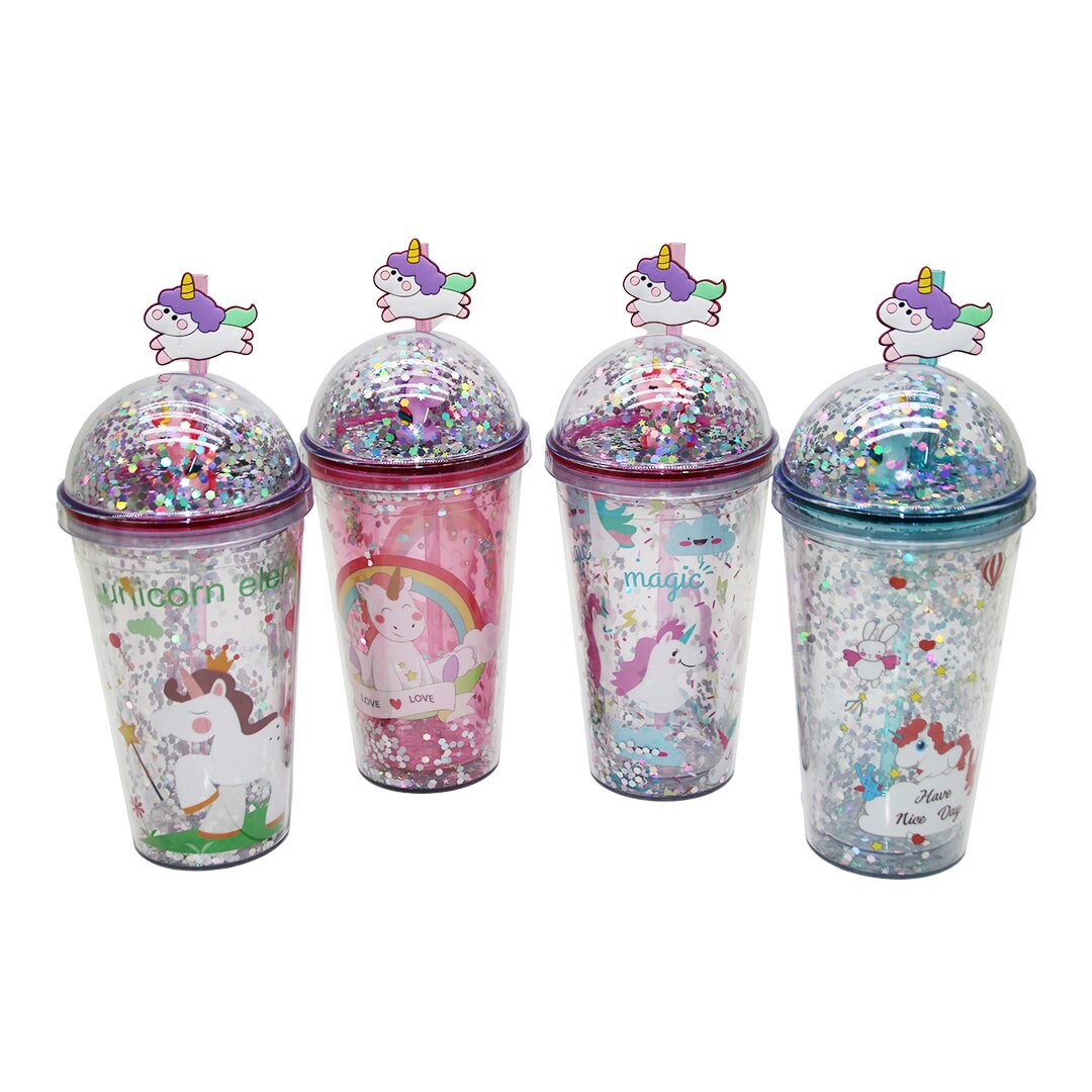 RENKLİ KAPAKLI ÇİFT CİDARLI  - SİMLİ - UNİCORN DESENLİ - PİPETLİ PLASTİK BARDAK